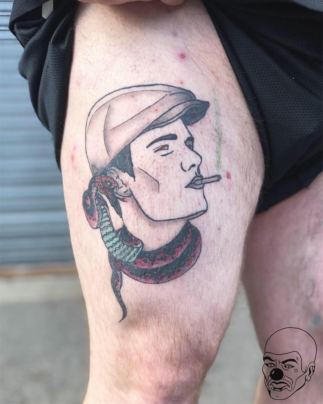 Man with snake American traditional tattoo on the thigh by πππ πππππππ