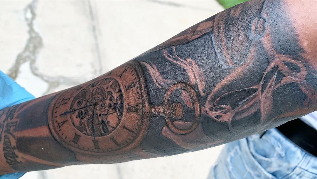 Mechanical clock black and grey tattoo on the forearm by The Tattoo Saint- DMV Tattoo Artist, Hyattsville, Maryland