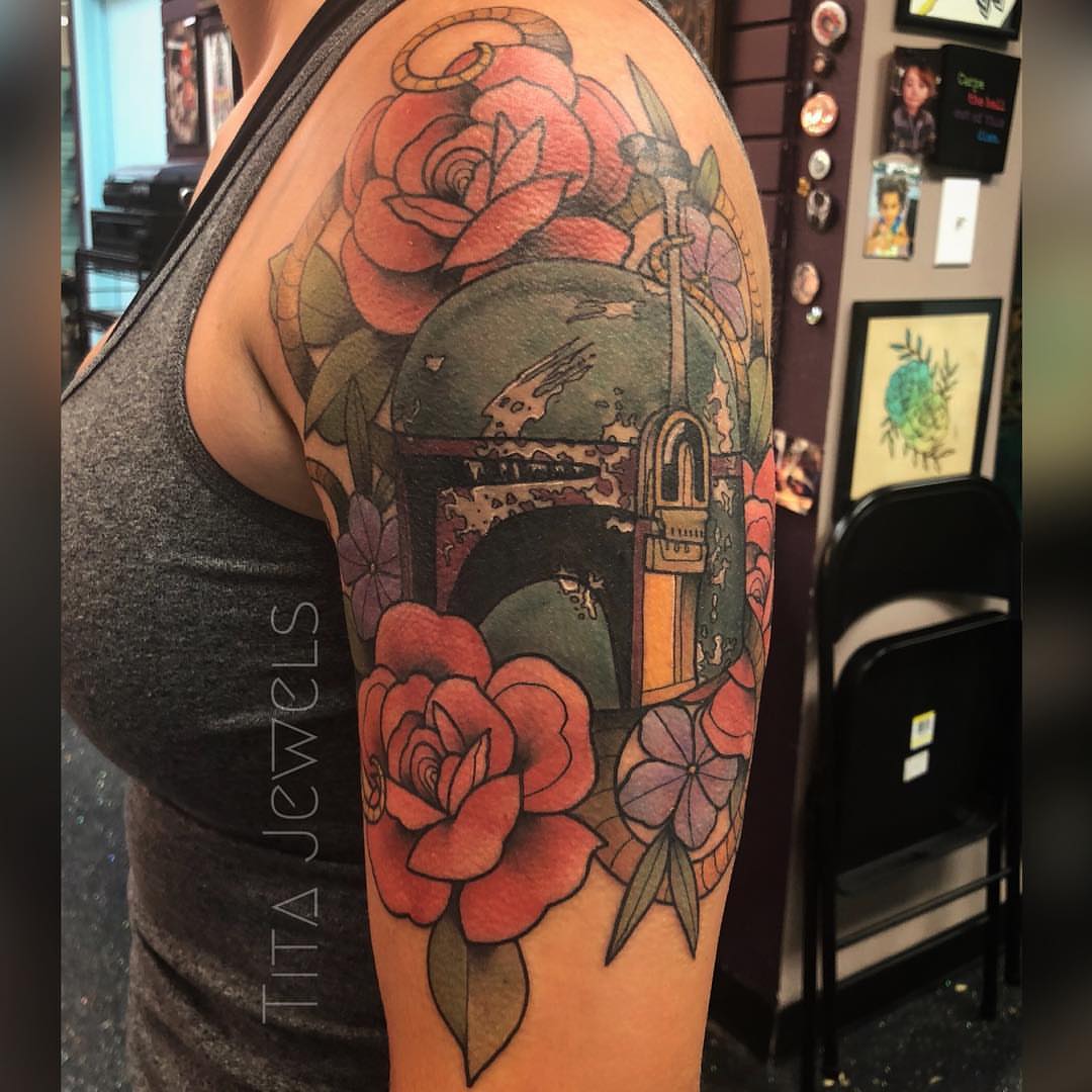 Floral helmet American traditional tattoo on the shoulder by Tita Jewels- Tattoo Artist, Austin, Texas