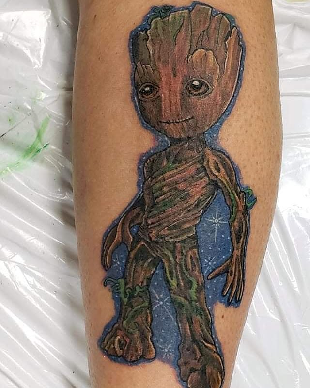 Groot dotwork tattoo on the forearm by Glen Wallis