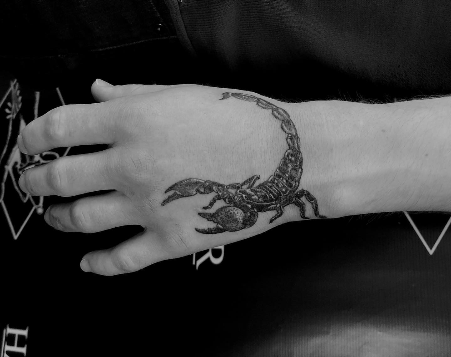 Scorpion black and grey tattoo on the hand by Kody Miller Tattoos 📍Kansas City MO Tattoo, Kansas City, Missouri