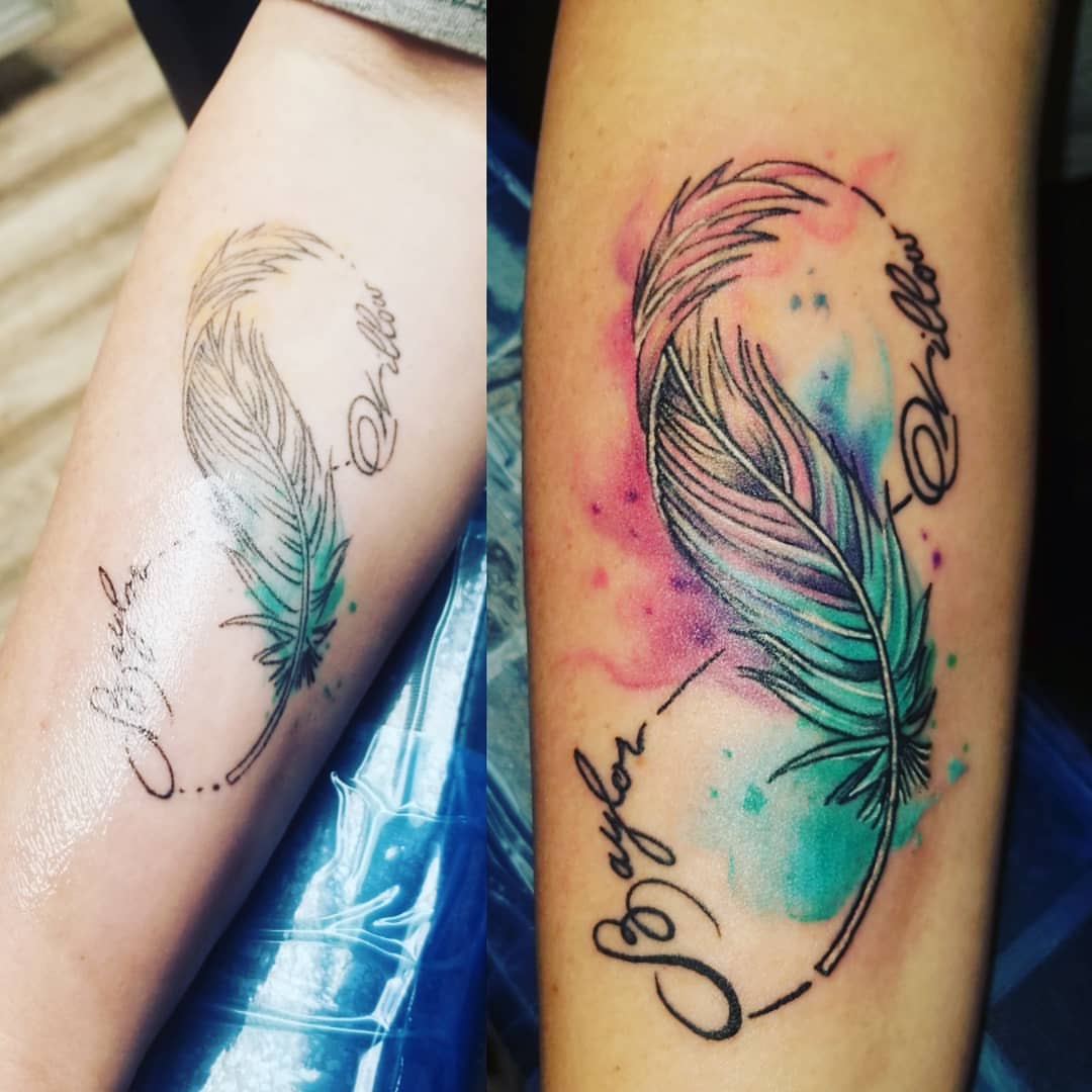 Feather watercolor tattoo on the forearm by André Brazil