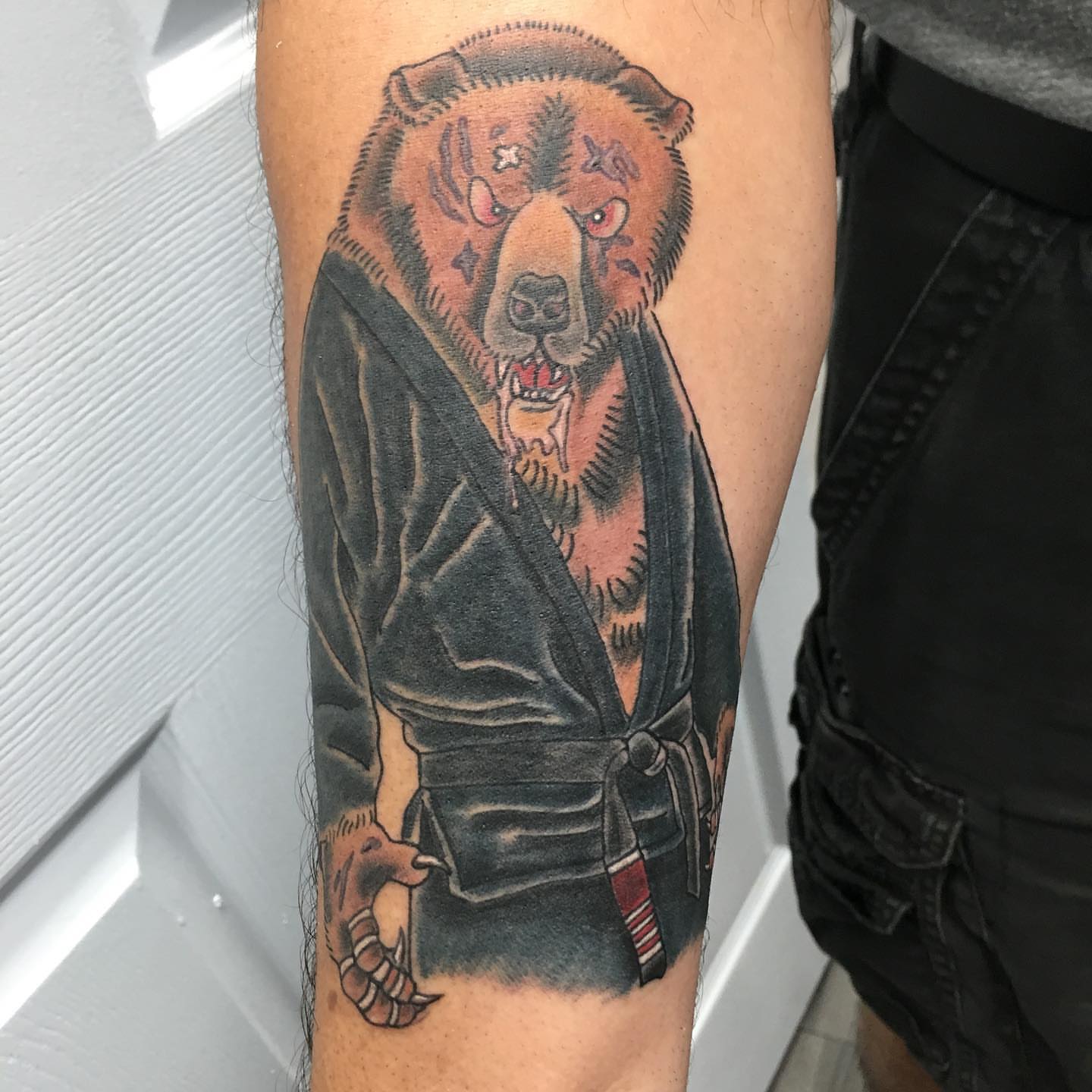 Bear in kimono American traditional tattoo on the forearm by Ei Horimiya Omiya
