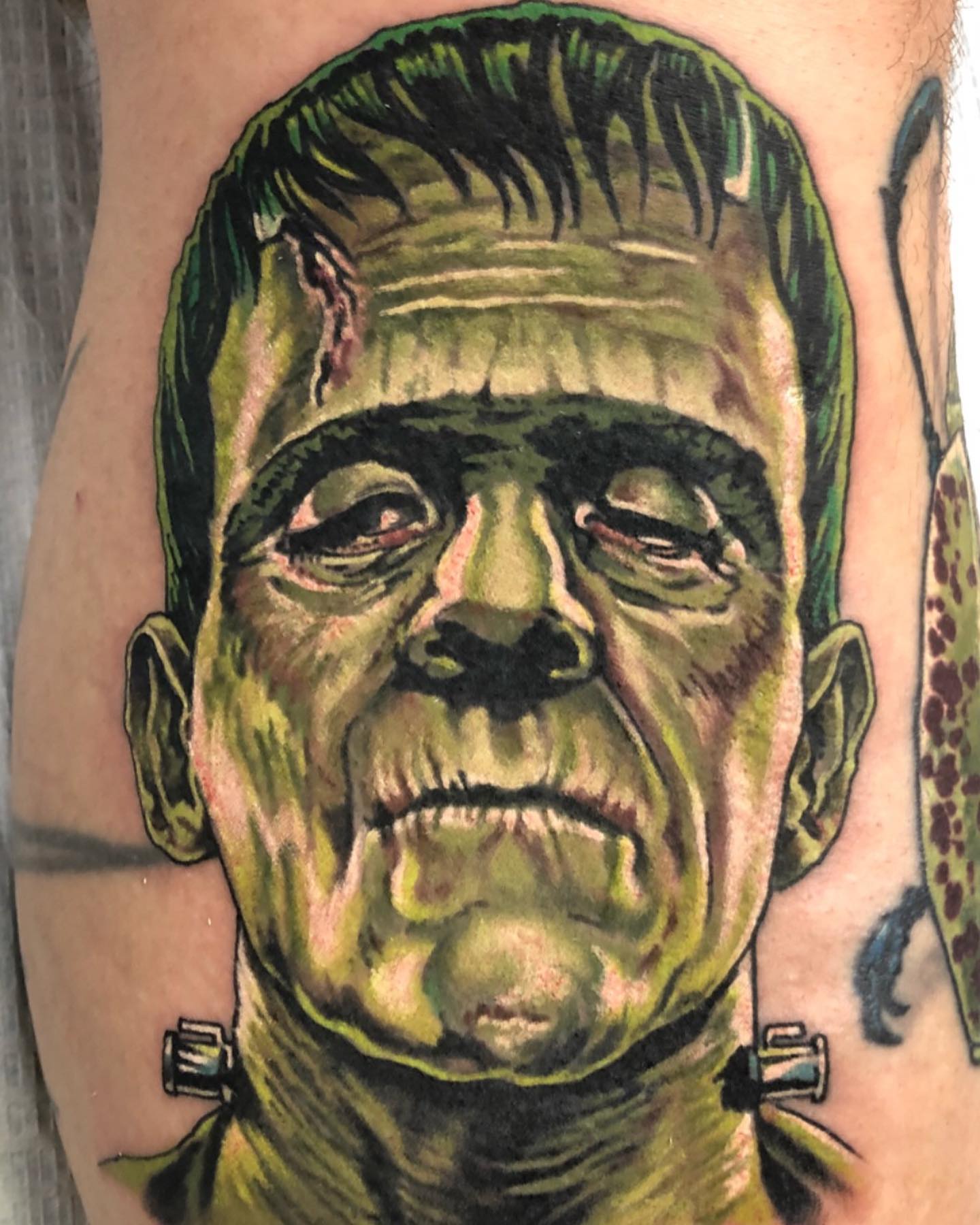 Frankenstein realism tattoo on the forearm by Mark Johnson [Tattoo Artist]