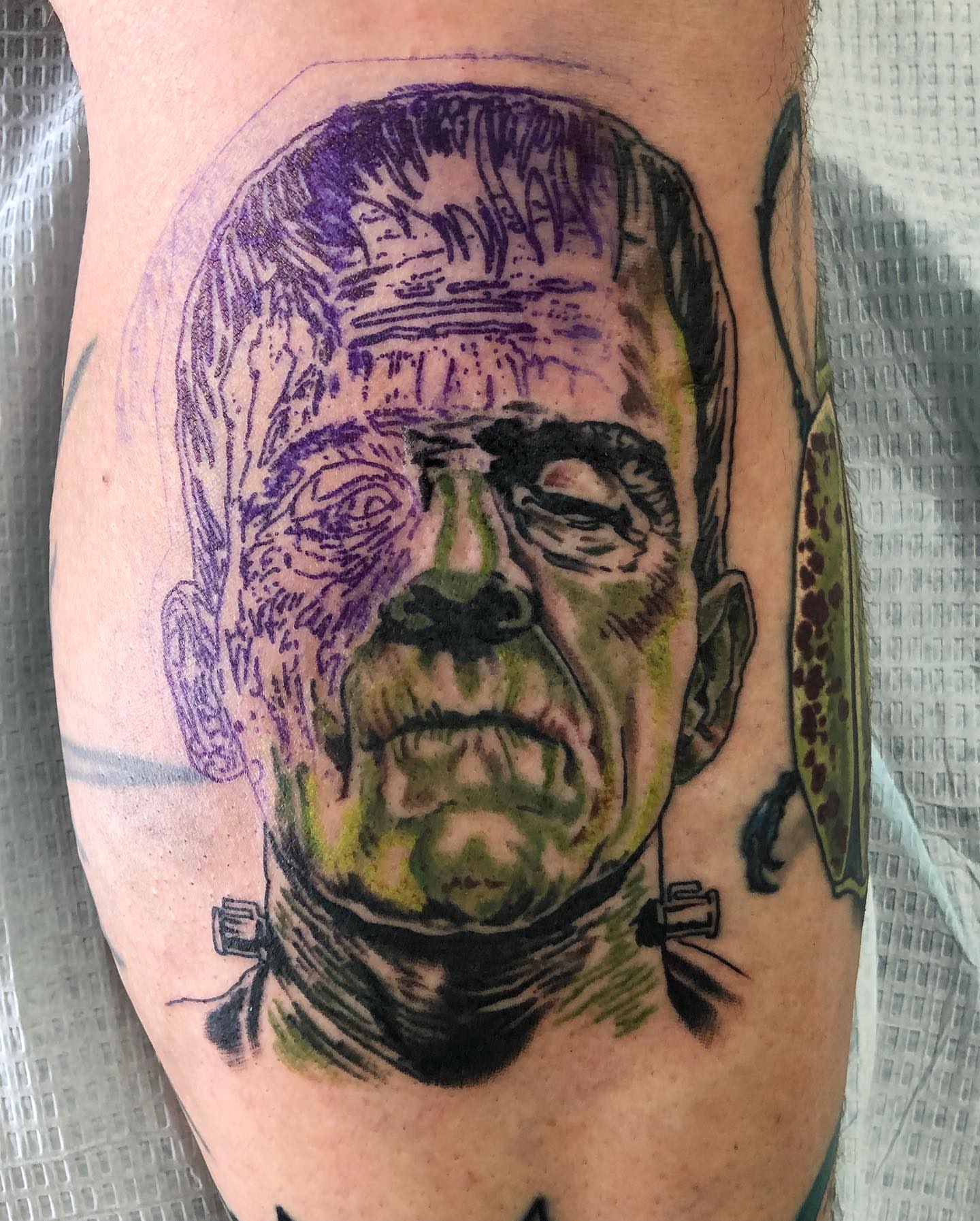 Frankenstein's monster realism tattoo on the forearm by Mark Johnson [Tattoo Artist]
