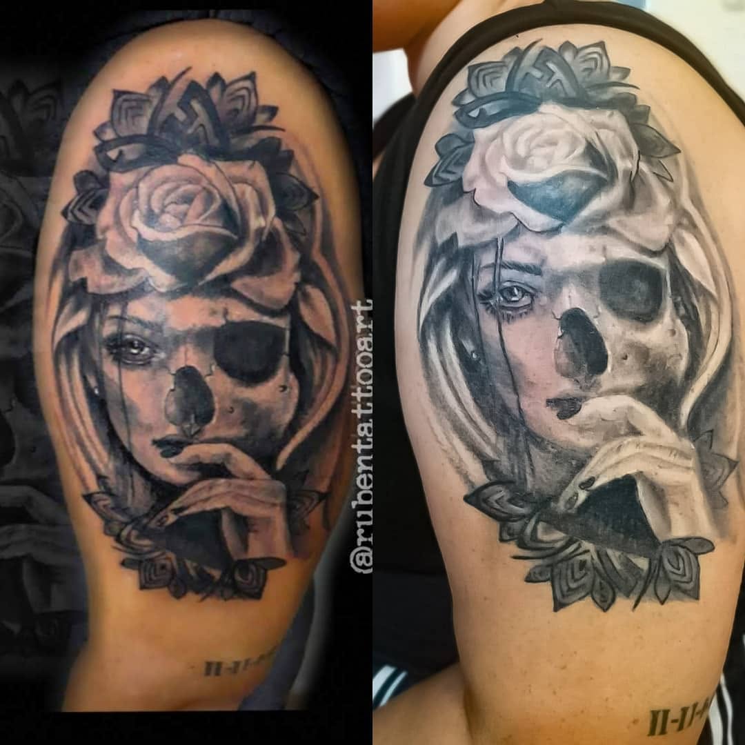 Skull woman with rose realism tattoo on the shoulder by 212tattoomalaga, Málaga, Spain