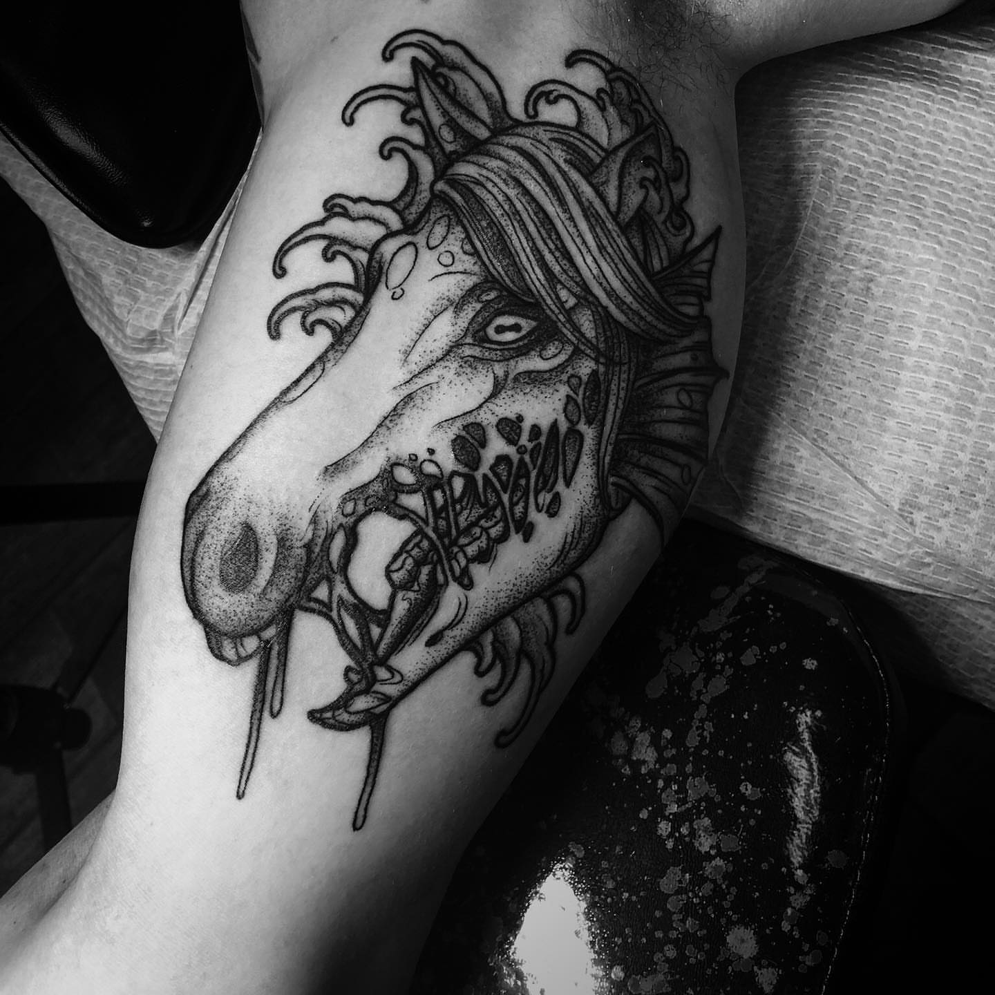 Horse head dotwork tattoo on the forearm by Sam Fortney, Columbus, Ohio