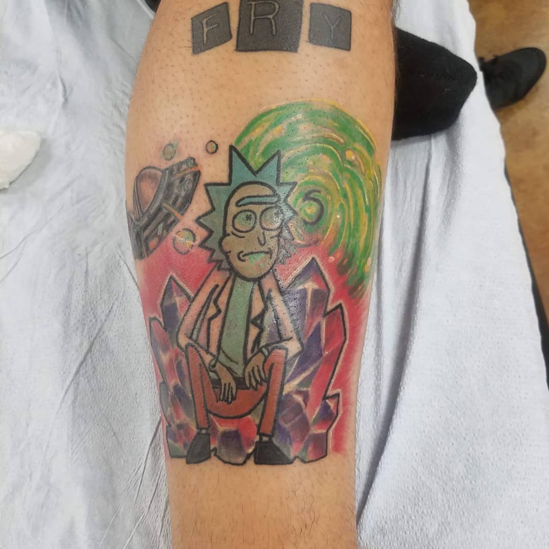 Rick and morty dotwork tattoo on the leg by Rue McLean