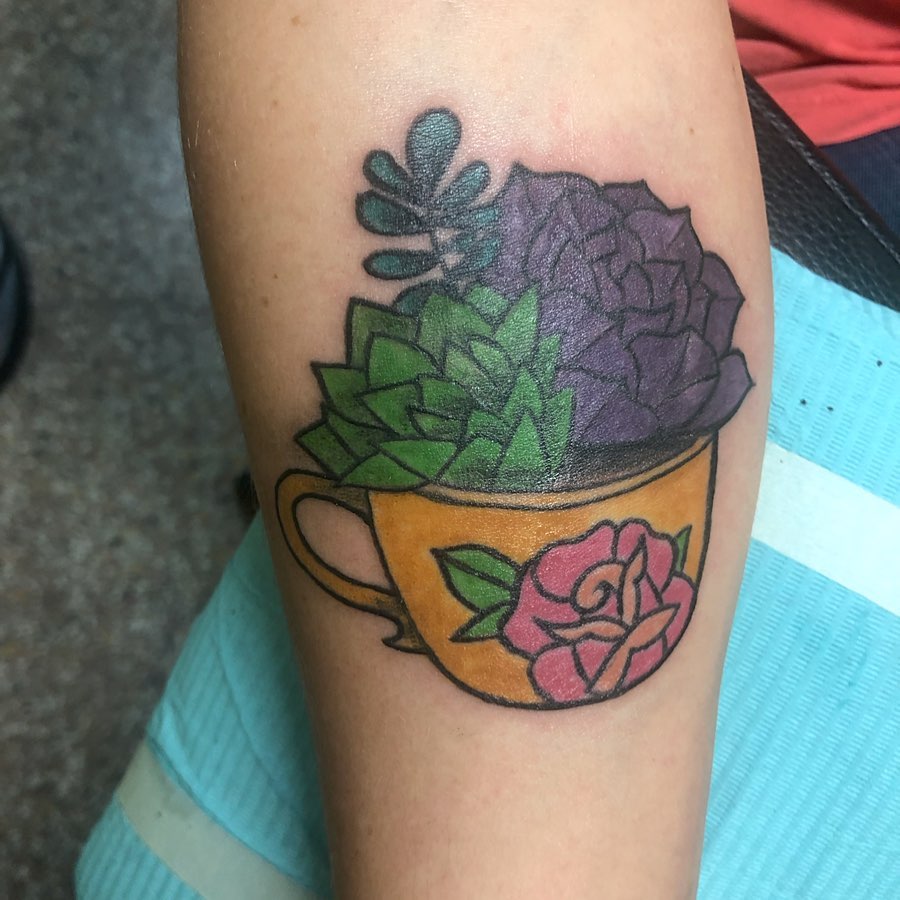 Succulent cup new school tattoo on the forearm by Sally Darling