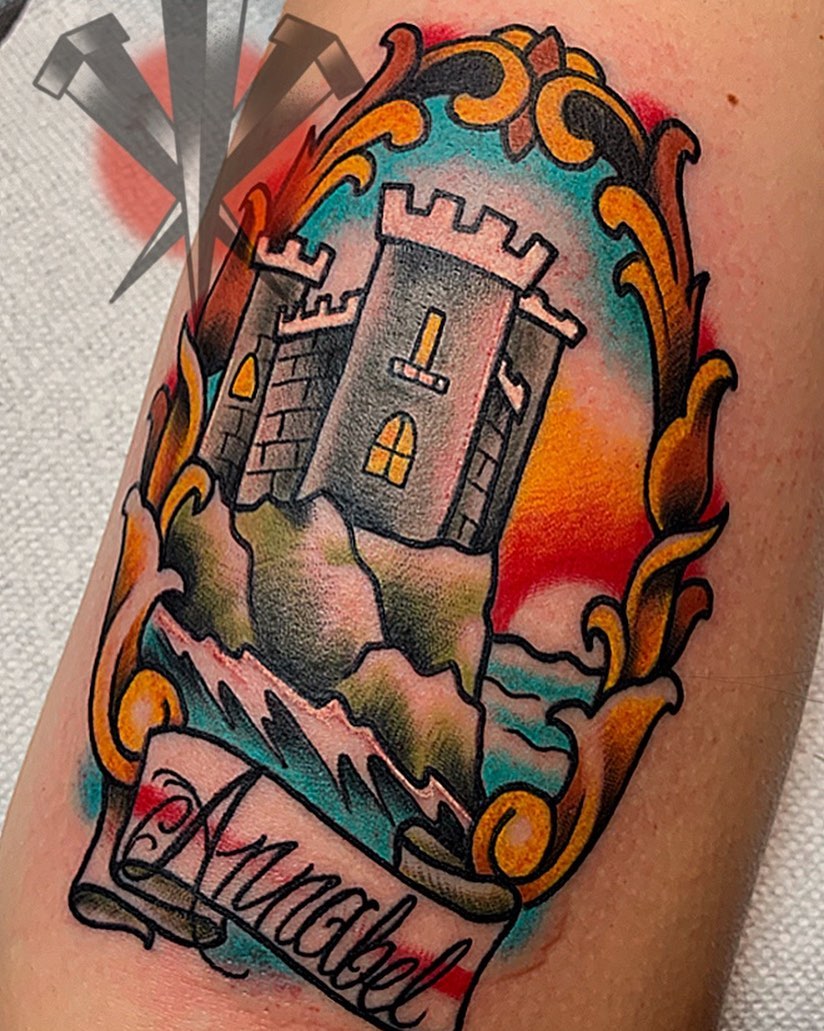 Castle American traditional tattoo on the forearm by George Weibe