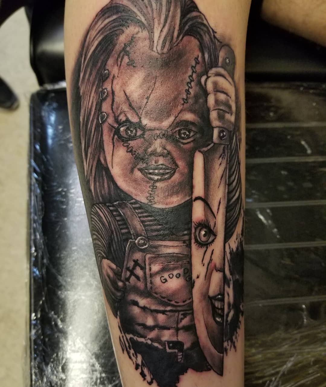 Chucky doll realism tattoo on the forearm by Anthony Coleman, Midland, Texas