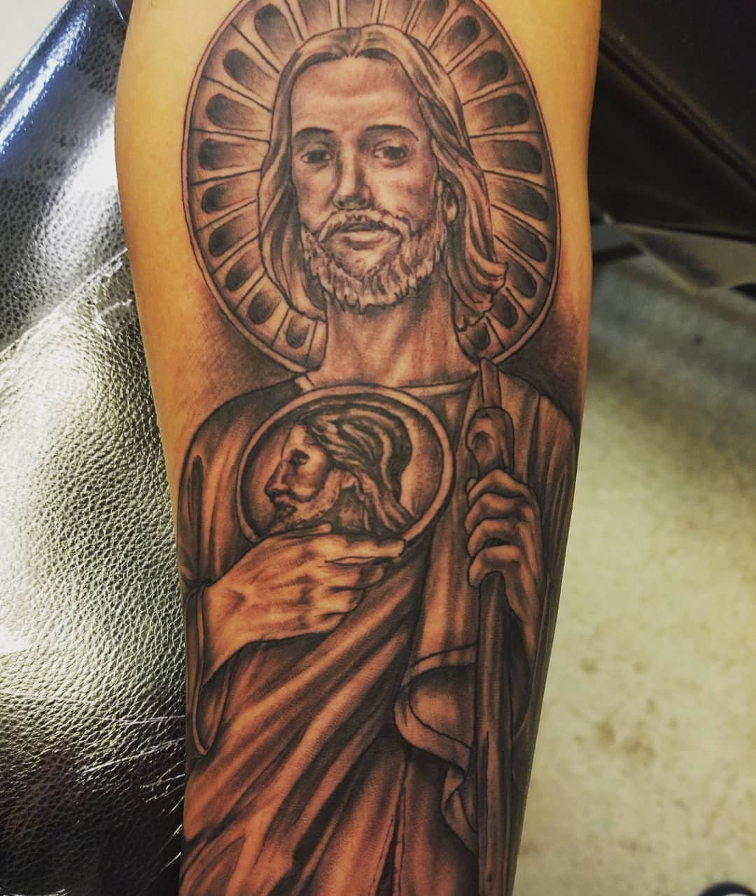 Religious figure realism tattoo on the forearm by Anthony Coleman, Midland, Texas