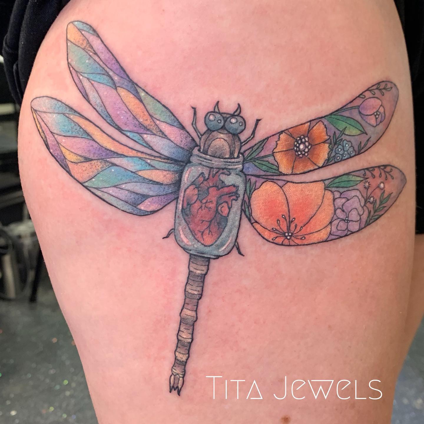 Dragonfly dotwork tattoo on the thigh by Tita Jewels- Tattoo Artist, Austin, Texas