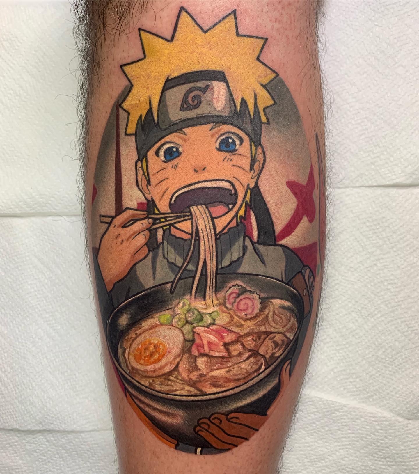 Ramen bowl anime tattoo on the forearm by Kara Klenk