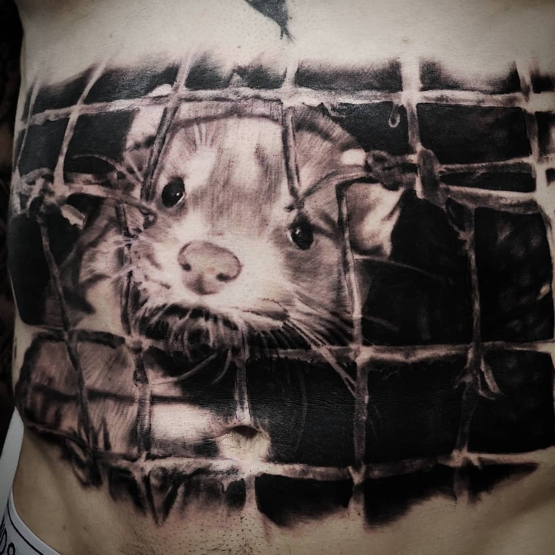 Ferret realism tattoo on the torso by Lindsay
