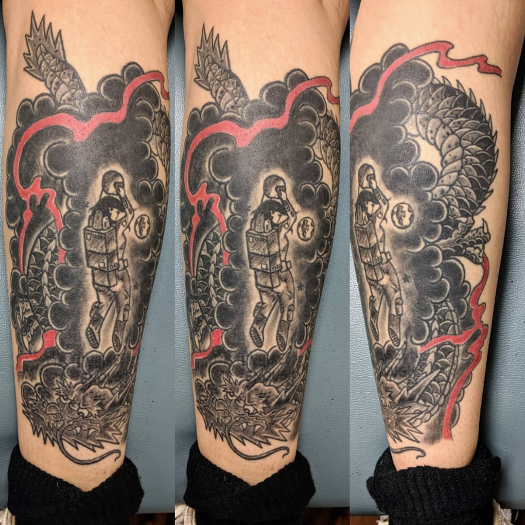 Dragon and warrior japanese irezumi tattoo on the forearm by Rue McLean