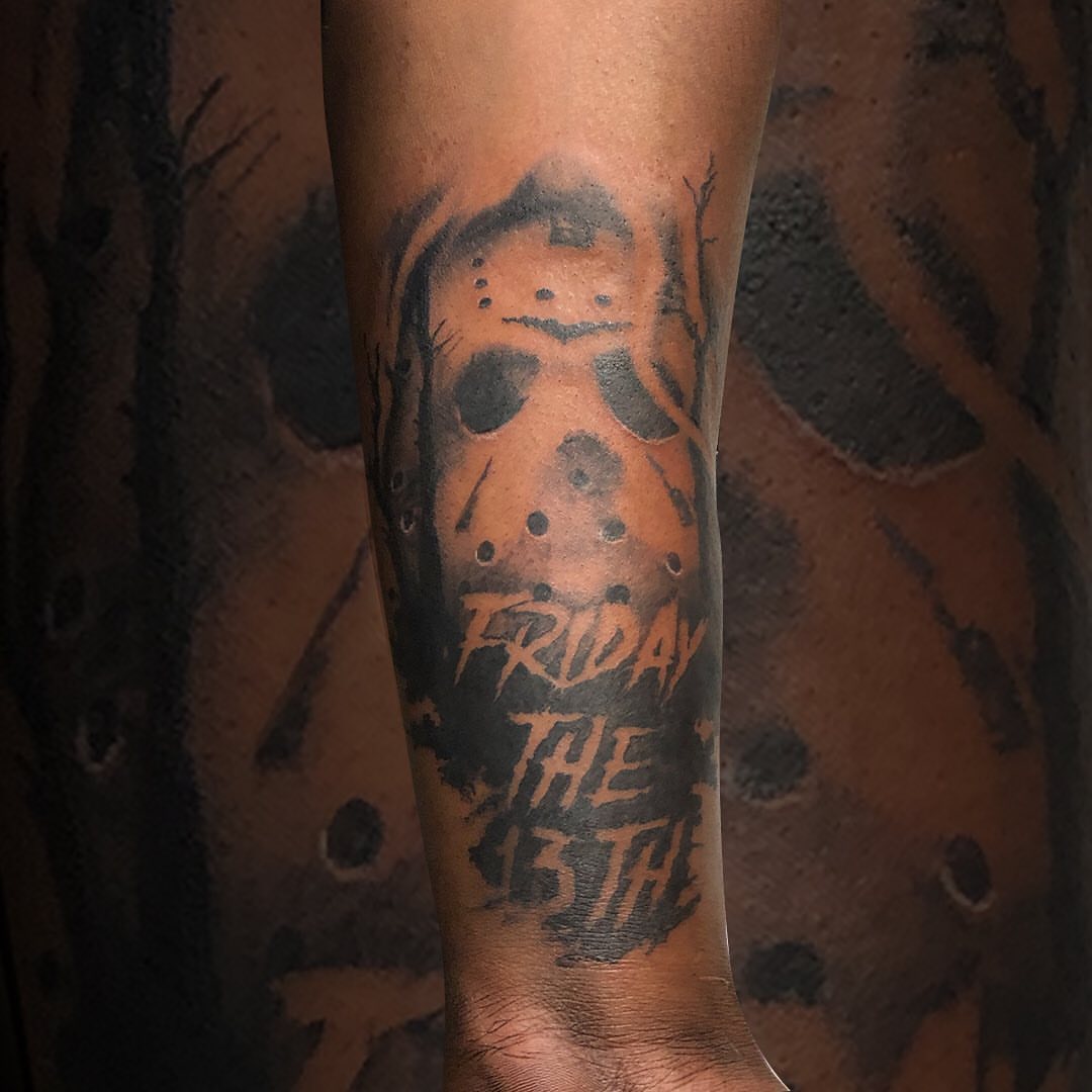 Friday the 13th black and grey tattoo on the forearm by Joel: Boston Tattoo Artist, Boston, Massachusetts