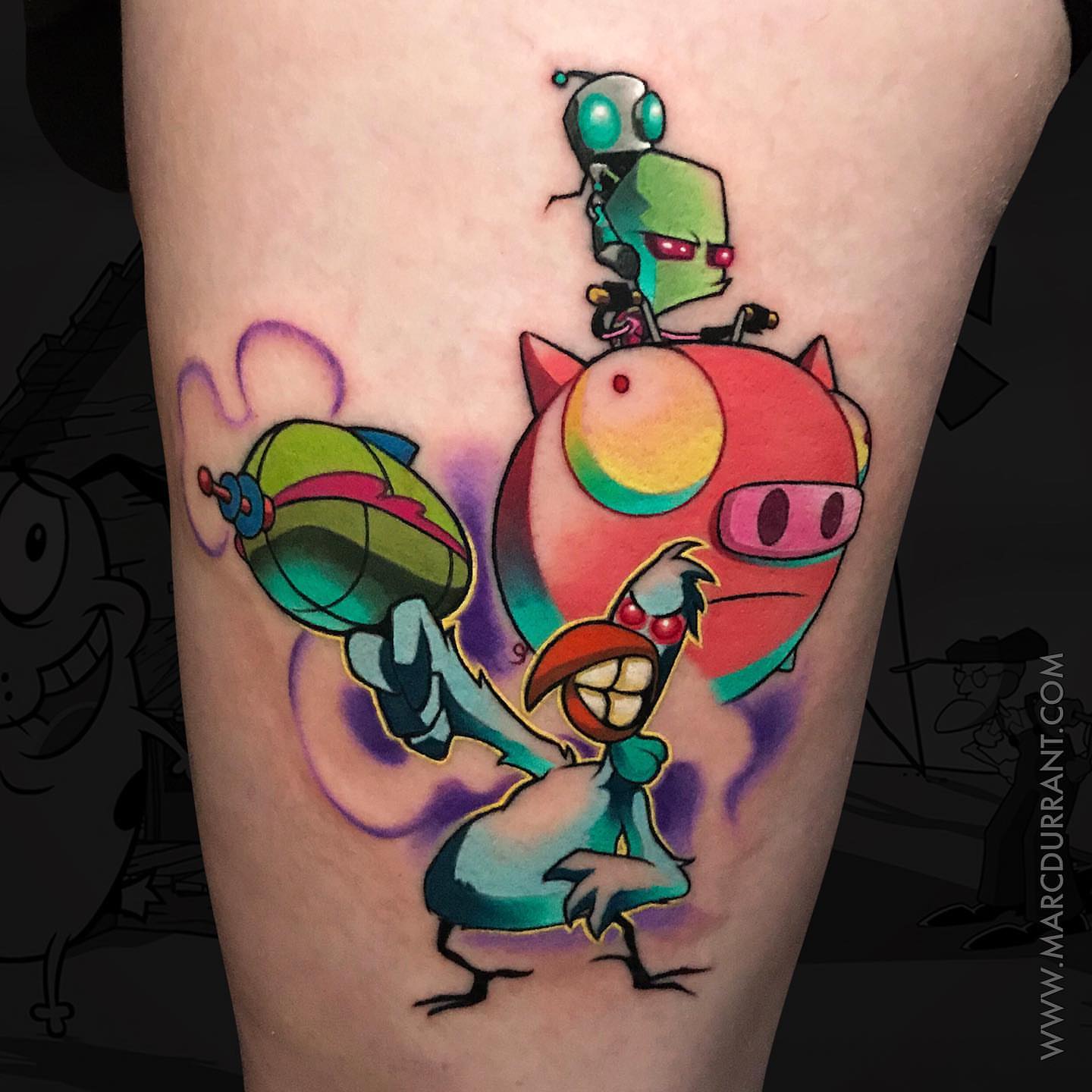 Robot and pig new school tattoo on the forearm by ᴍᴀʀᴄ ᴅᴜʀʀᴀɴᴛ, Los Angeles, California