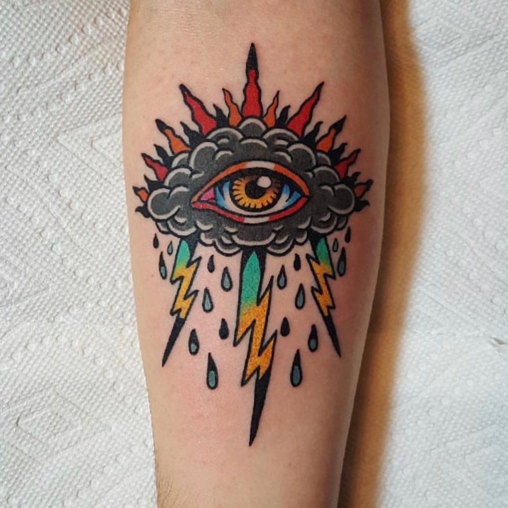 Eye with storm American traditional tattoo on the forearm by David Mendieta