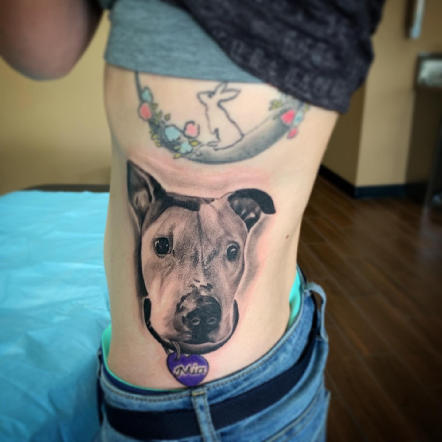 Dog portrait realism tattoo on the thigh by Joe Shepp