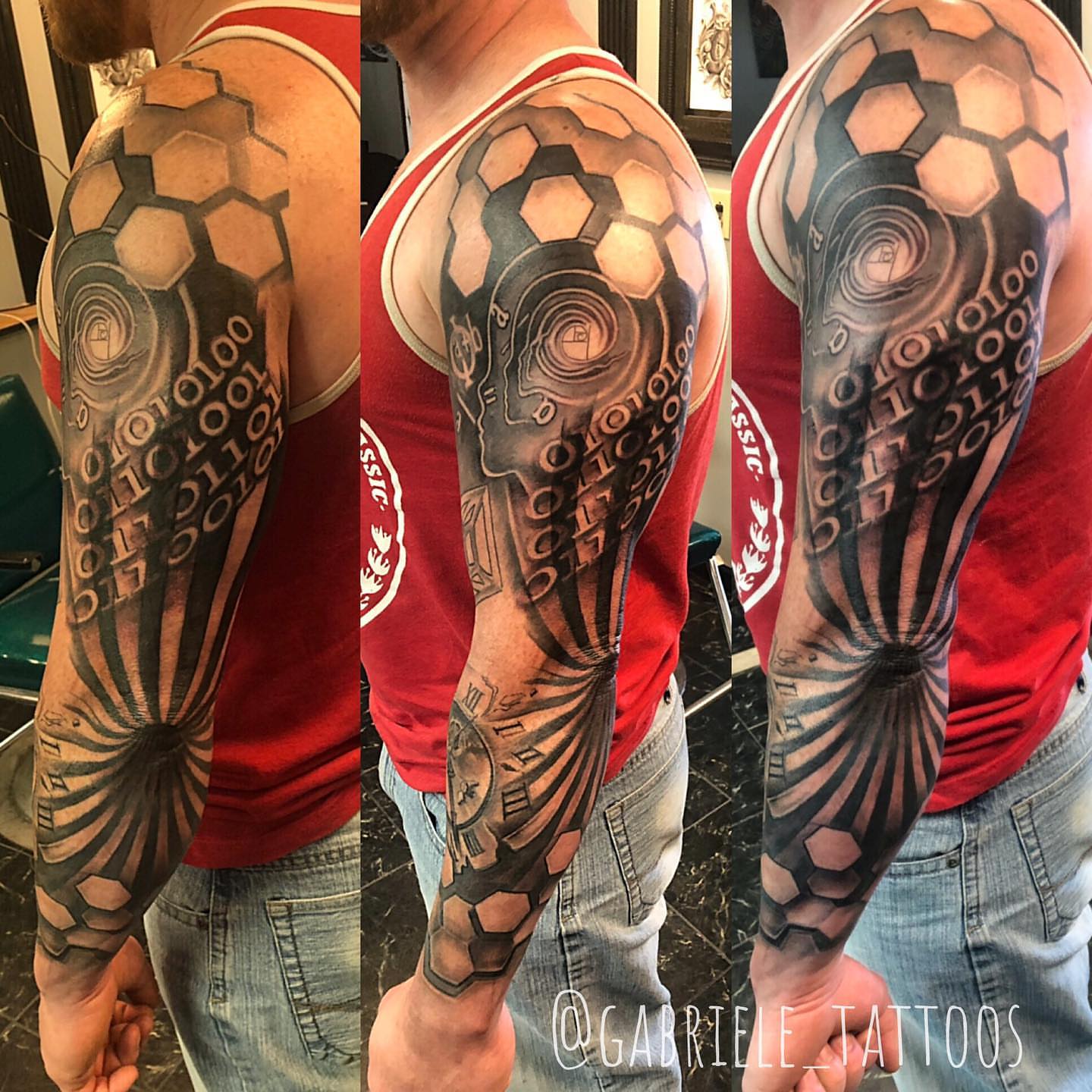 Soccer ball geometric tattoo on the upper arm by GABRIELExTATTOOS