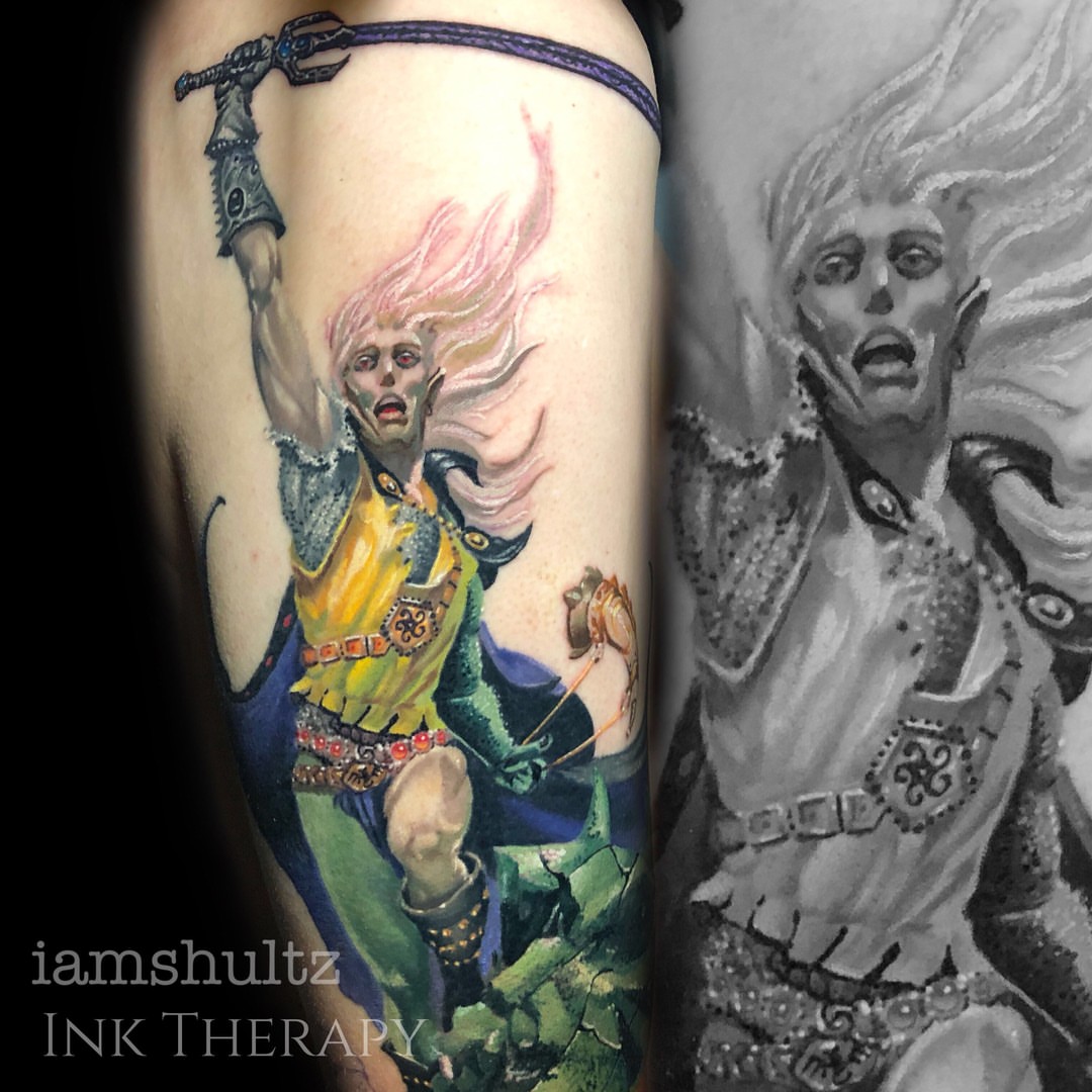 Elf warrior realism tattoo on the thigh by Mike Shultz