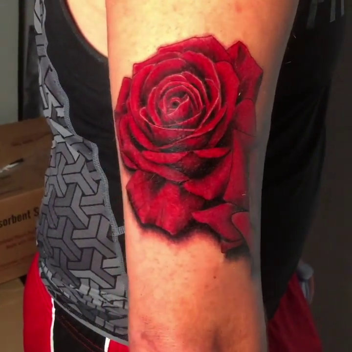 Two red roses realism tattoo by Bill Johenning, Lakewood, Ohio