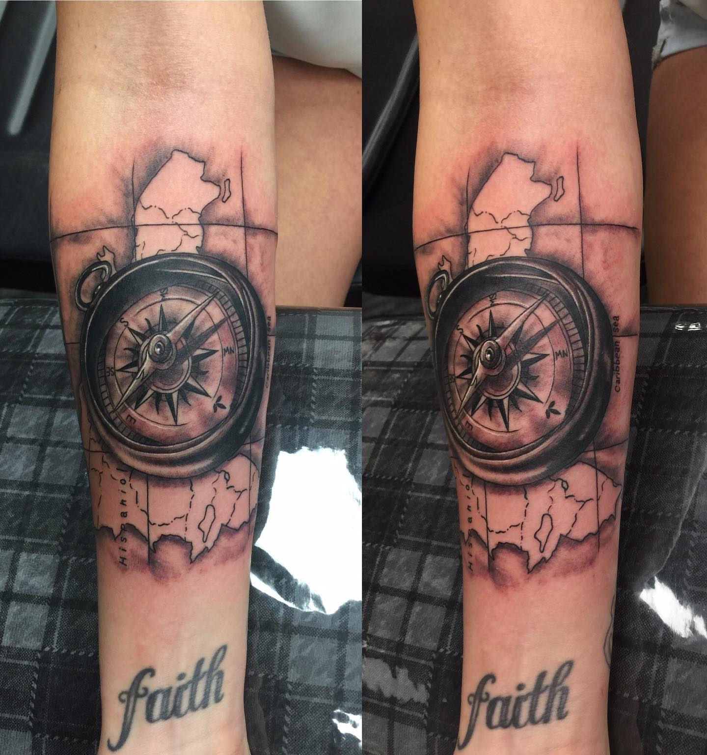 Compass black and grey tattoo on the forearm by Tattoos By Rico