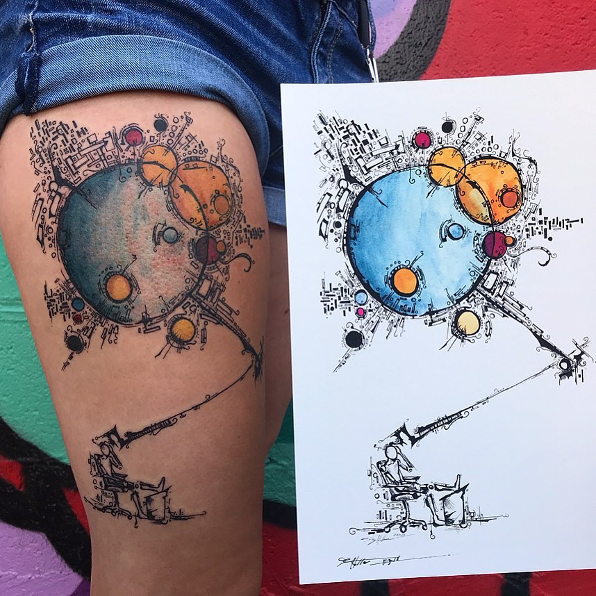 Abstract space scene geometric tattoo on the thigh by Elaine Nerowski ☾