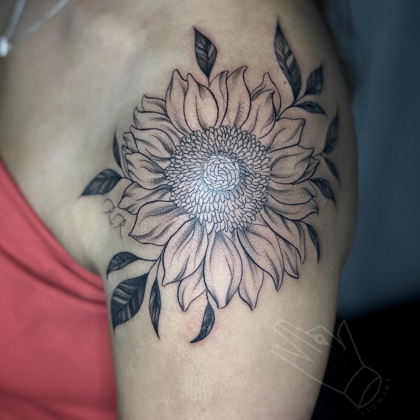 Sunflower dotwork tattoo on the shoulder by ✧ Maria ✧