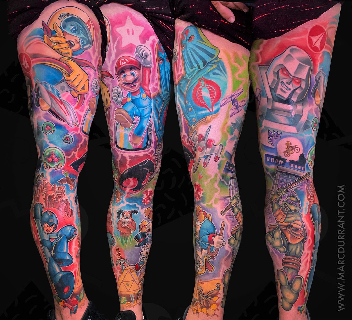 Video game characters new school tattoo on the leg by ᴍᴀʀᴄ ᴅᴜʀʀᴀɴᴛ, Los Angeles, California