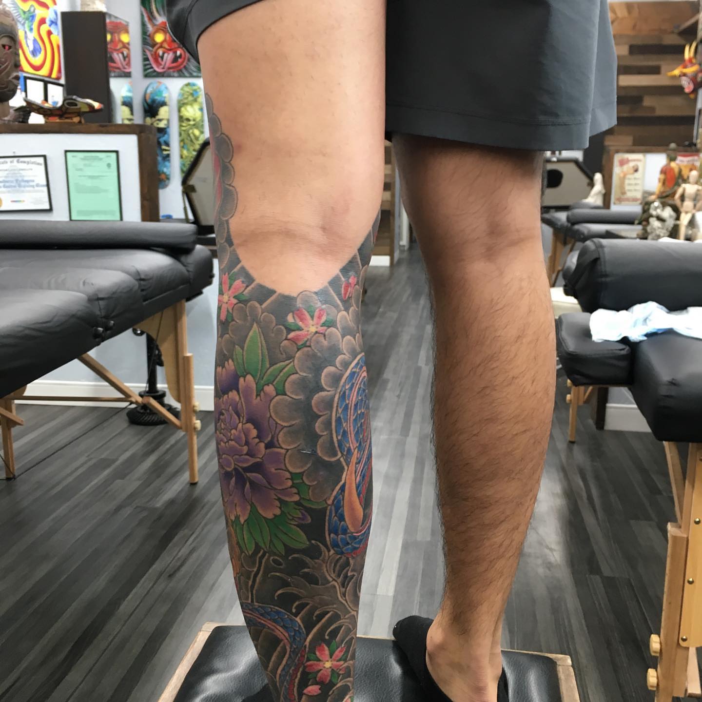 Floral design japanese irezumi tattoo on the calf by Ei Horimiya Omiya