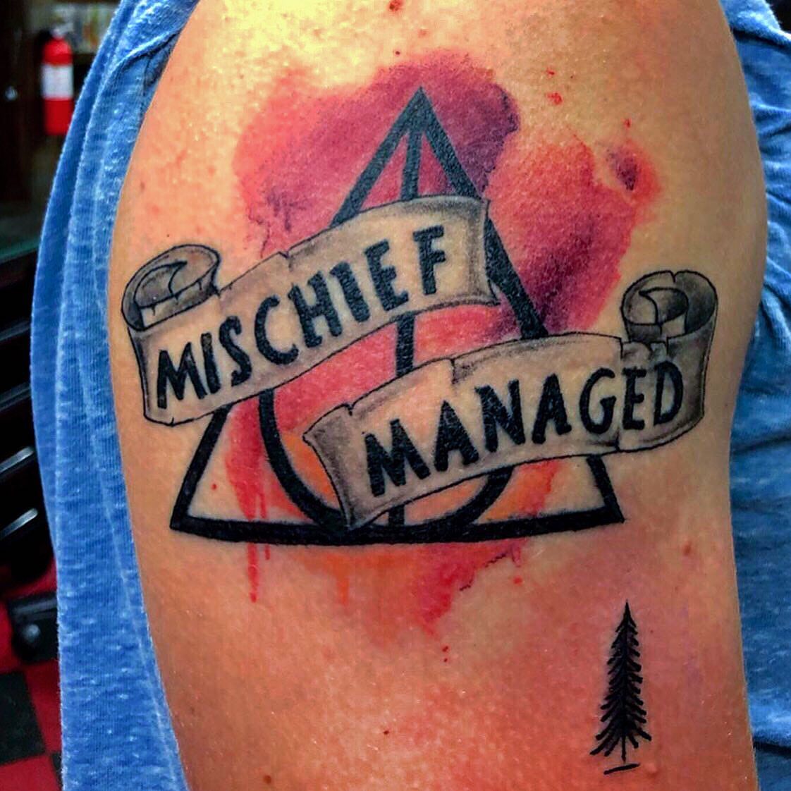 Mischief managed American traditional tattoo on the forearm by Caitlin Curtis Tattoos & Booking, Dayton, Ohio