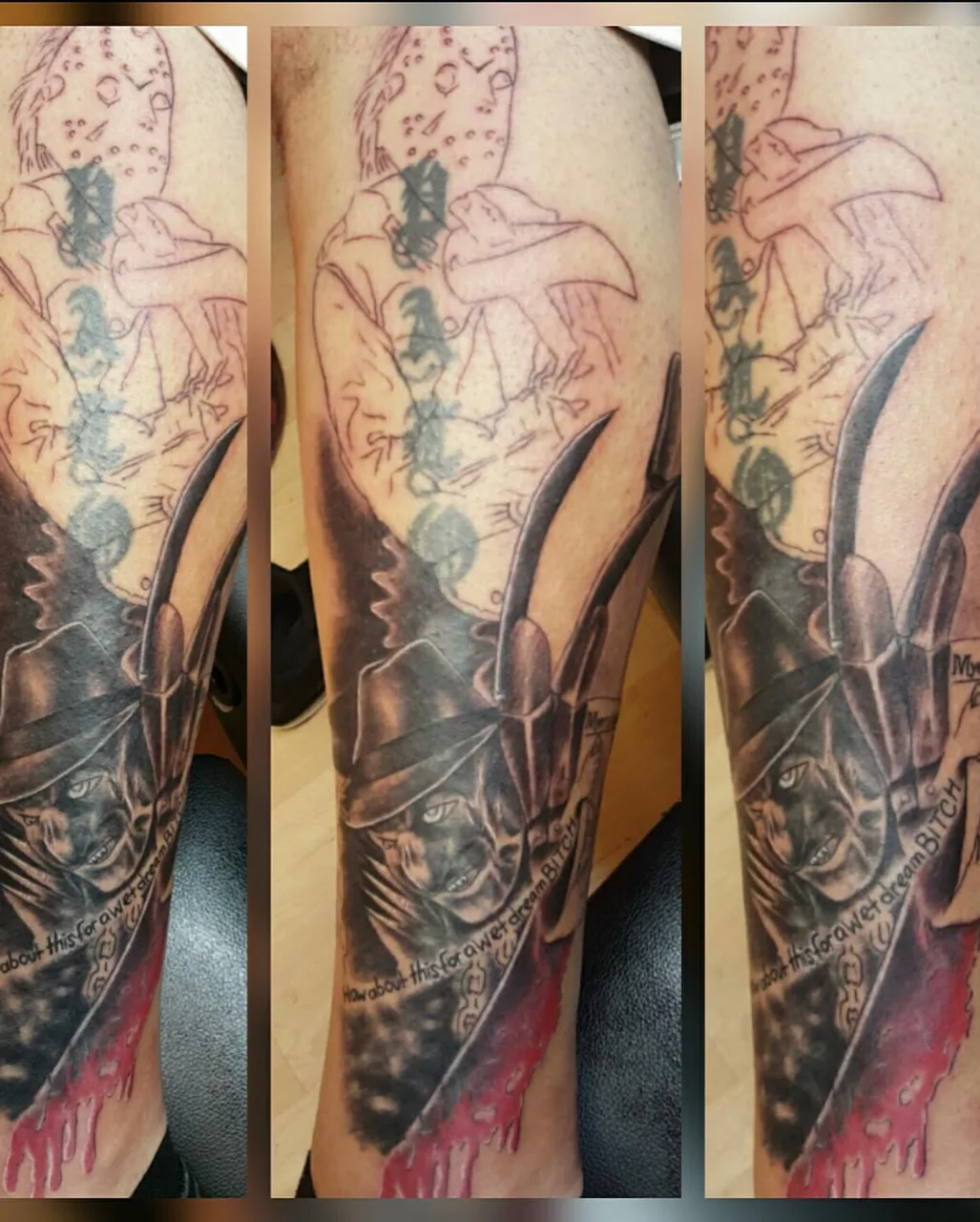 Demon with horns dark realism tattoo on the forearm by Charlie Soto