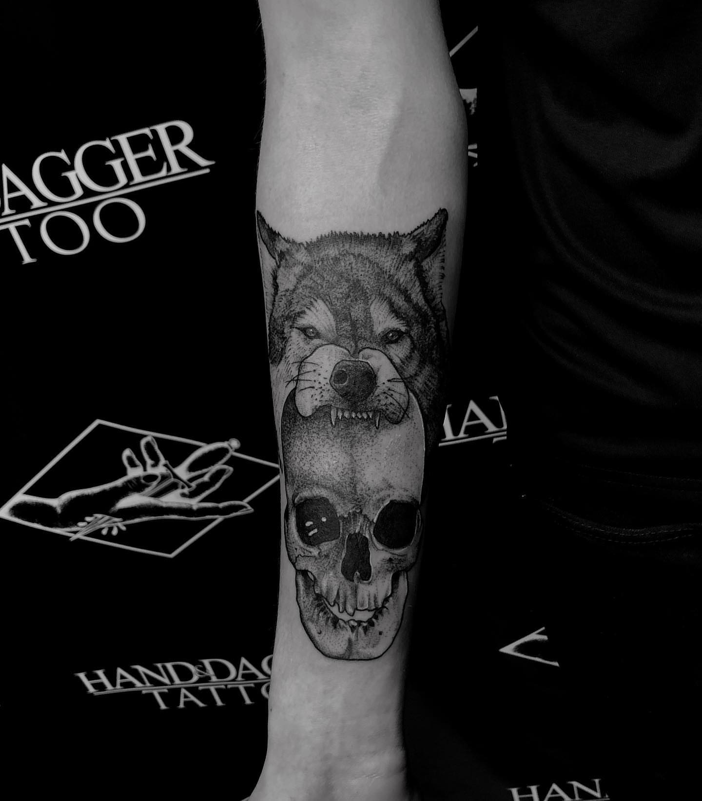 Wolf and skull dotwork tattoo on the forearm by Kody Miller Tattoos 📍Kansas City MO Tattoo, Kansas City, Missouri