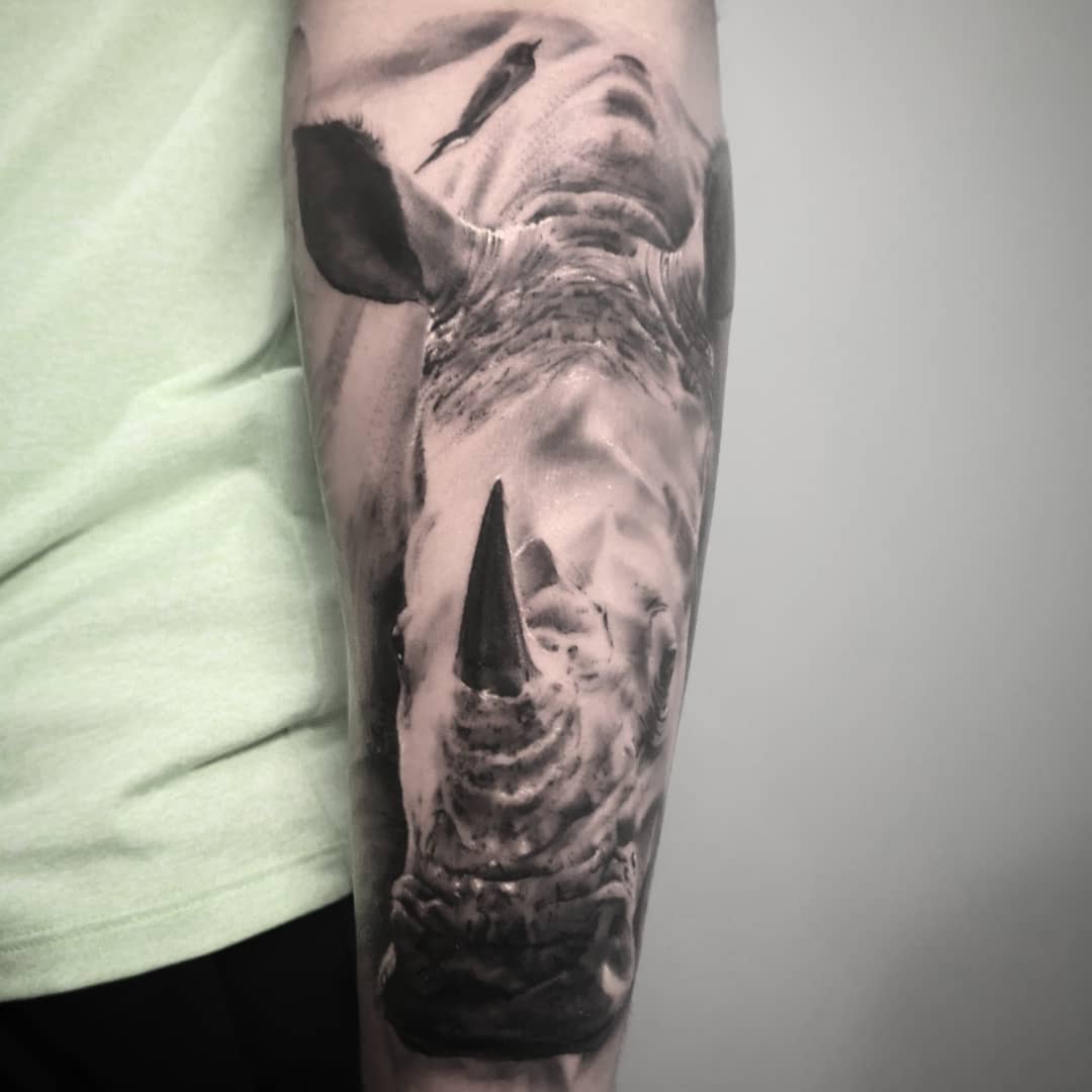 Rhino realism tattoo on the forearm by Lindsay