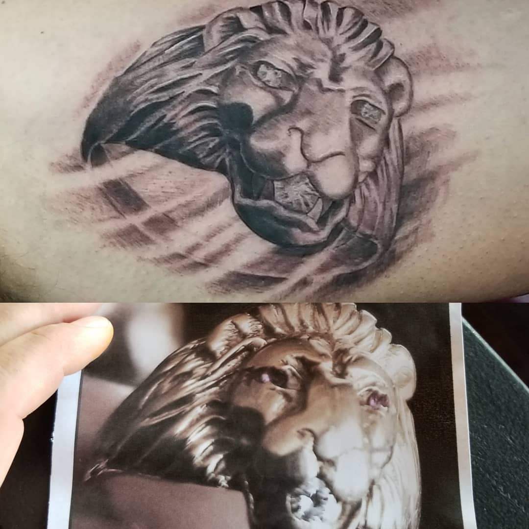 Lion realism tattoo on the forearm by Jake Goss, Salt Lake City, Utah