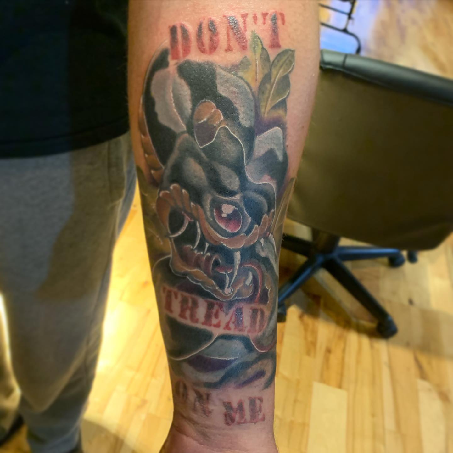 Don't tread on me American traditional tattoo on the forearm by Jeff Kees