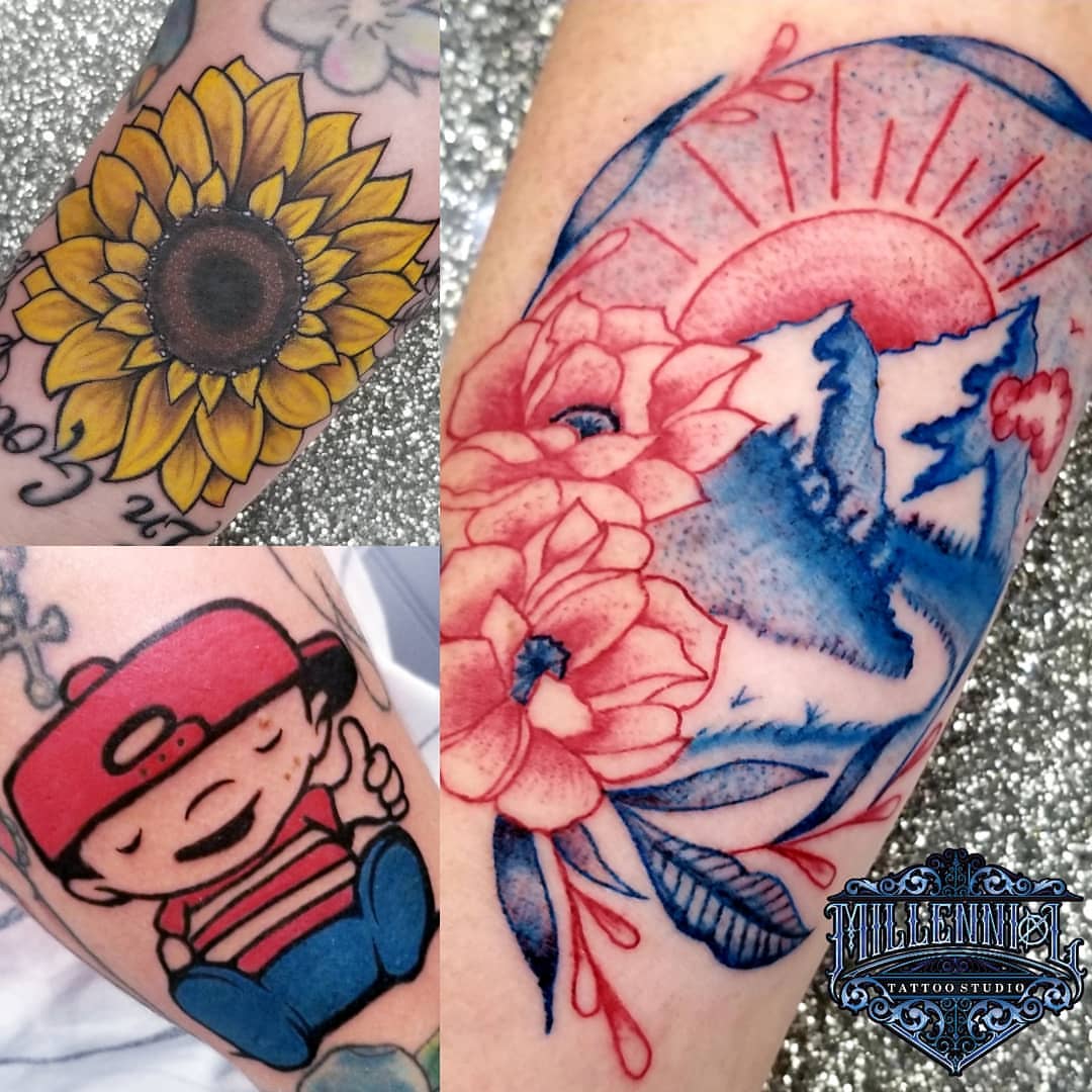 Sunflower American traditional tattoo on the forearm by 🇲🇽Angelique Ortiz🇺🇲, Sugar Hill, Georgia