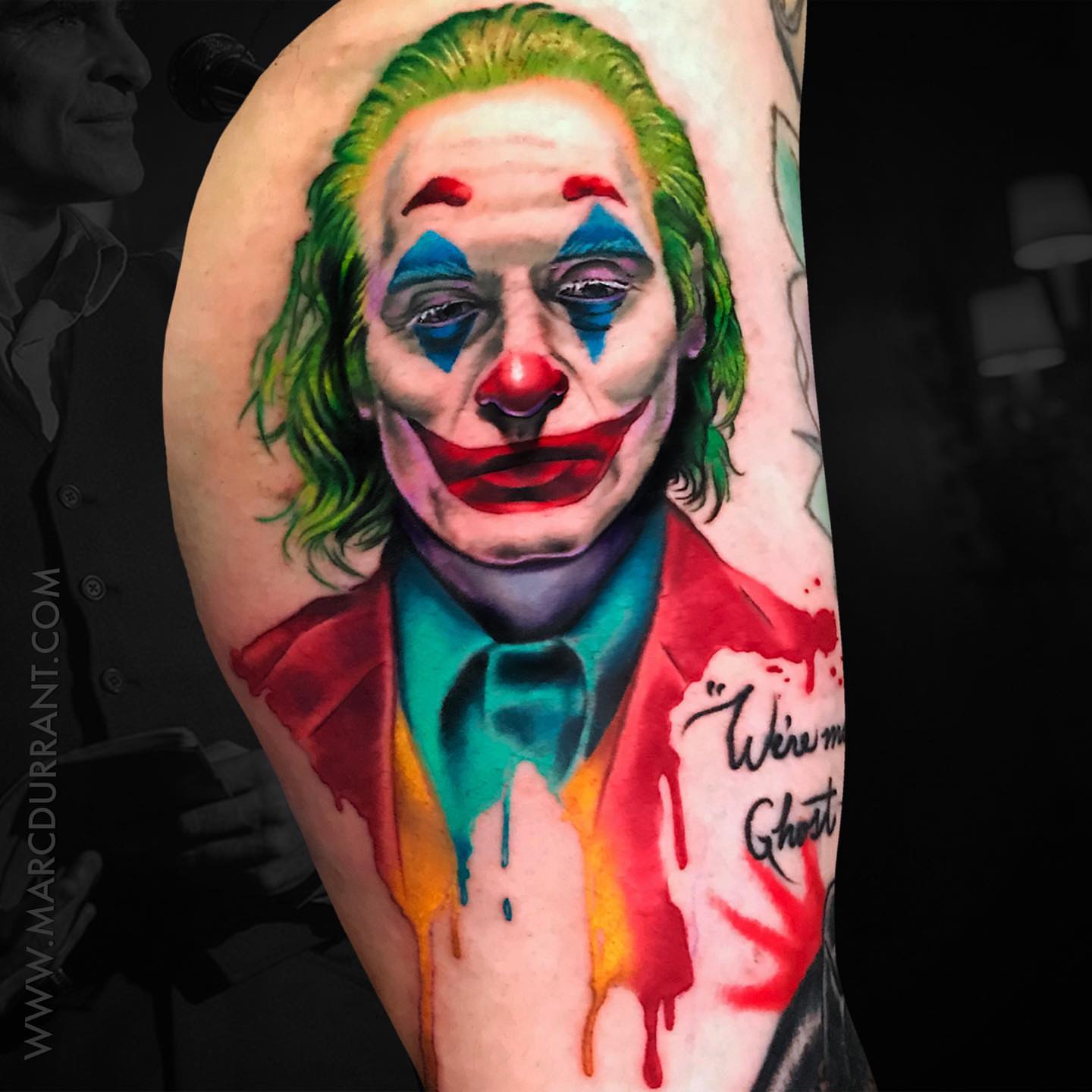 Joker character realism tattoo on the forearm by ᴍᴀʀᴄ ᴅᴜʀʀᴀɴᴛ, Los Angeles, California