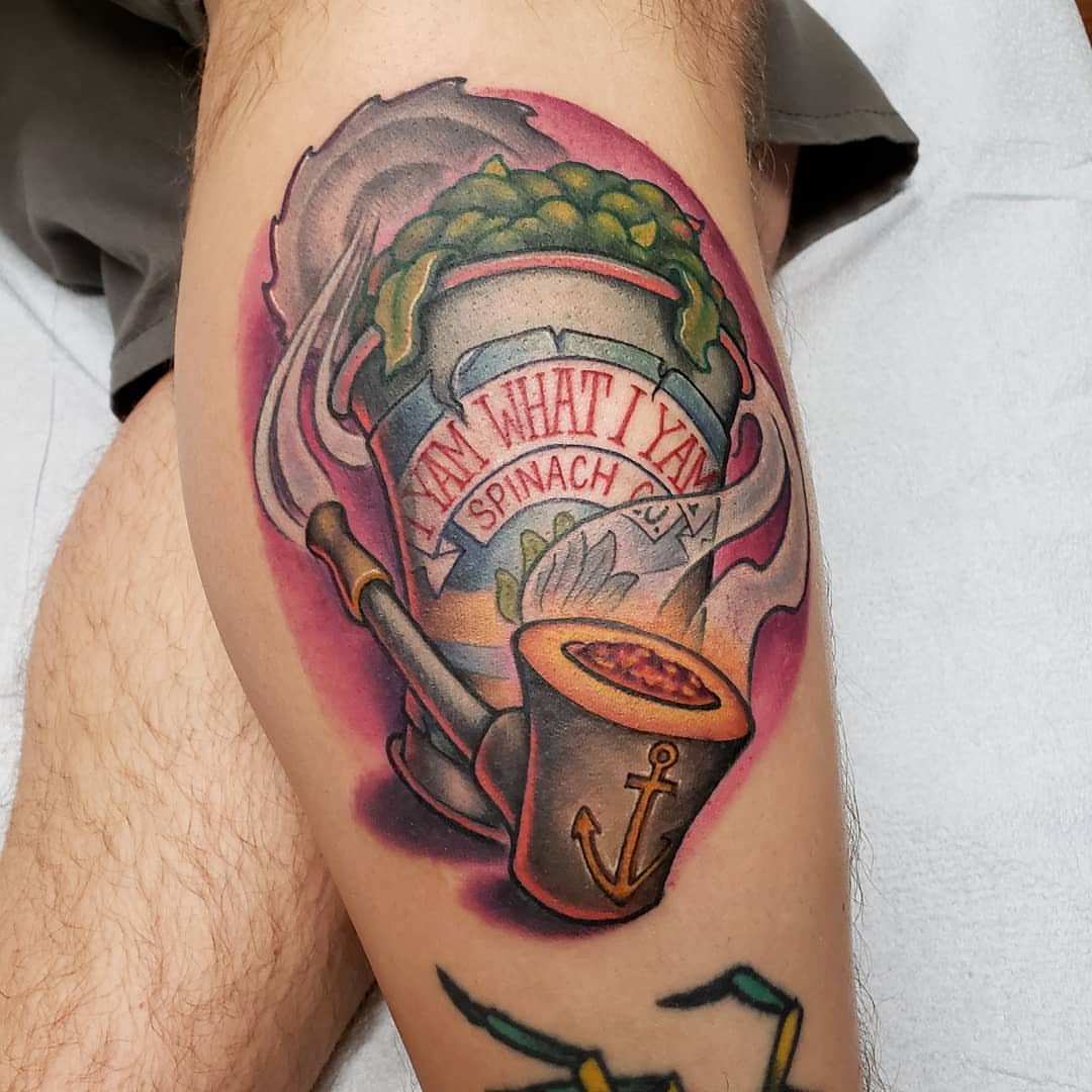 Spinach bowl American traditional tattoo on the thigh by Don Taylor