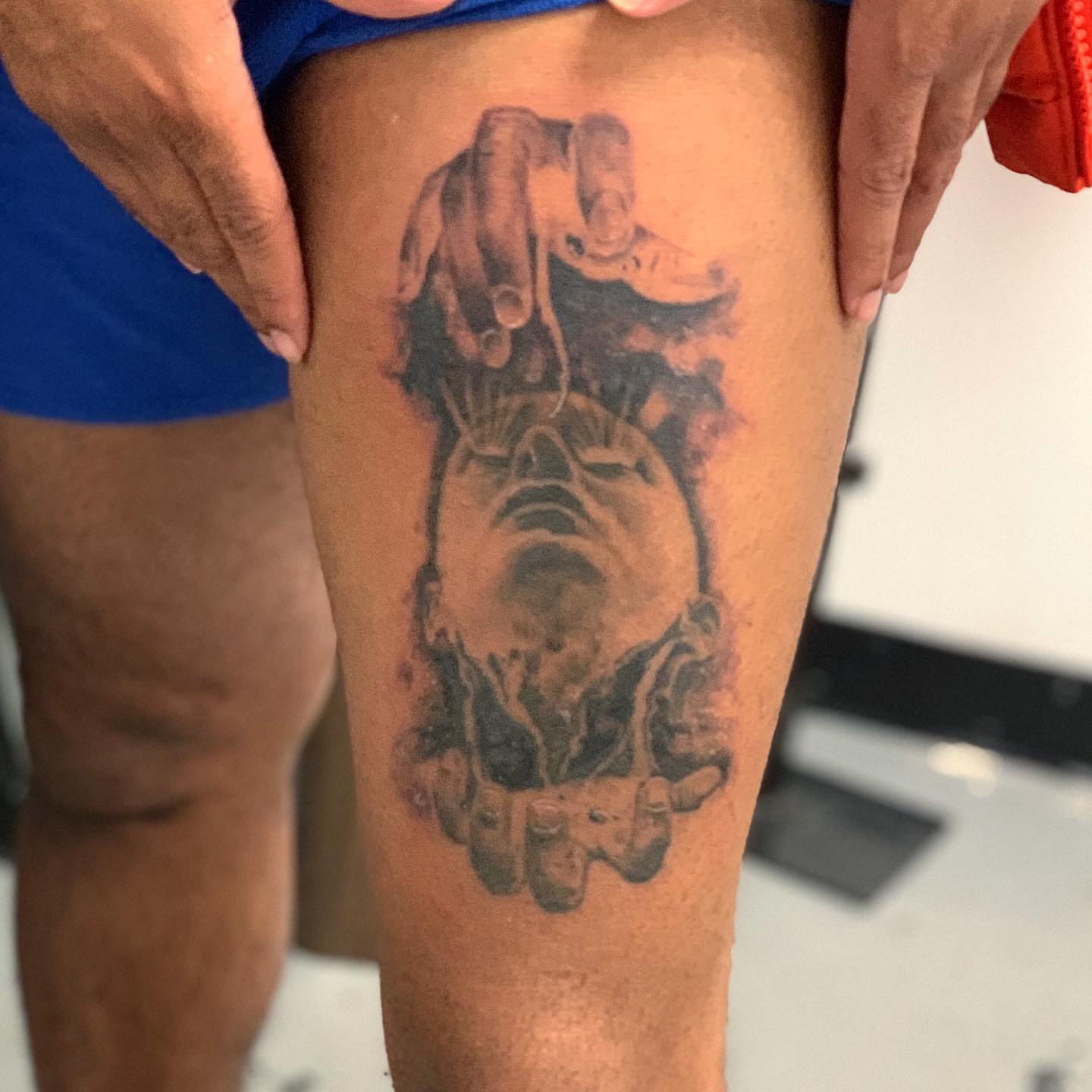 Mannequin head black and grey tattoo on the thigh by Joel: Boston Tattoo Artist, Boston, Massachusetts