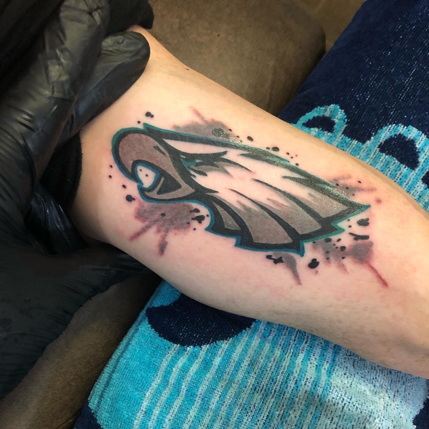 Philadelphia eagles logo dotwork tattoo on the forearm by Dre Inks