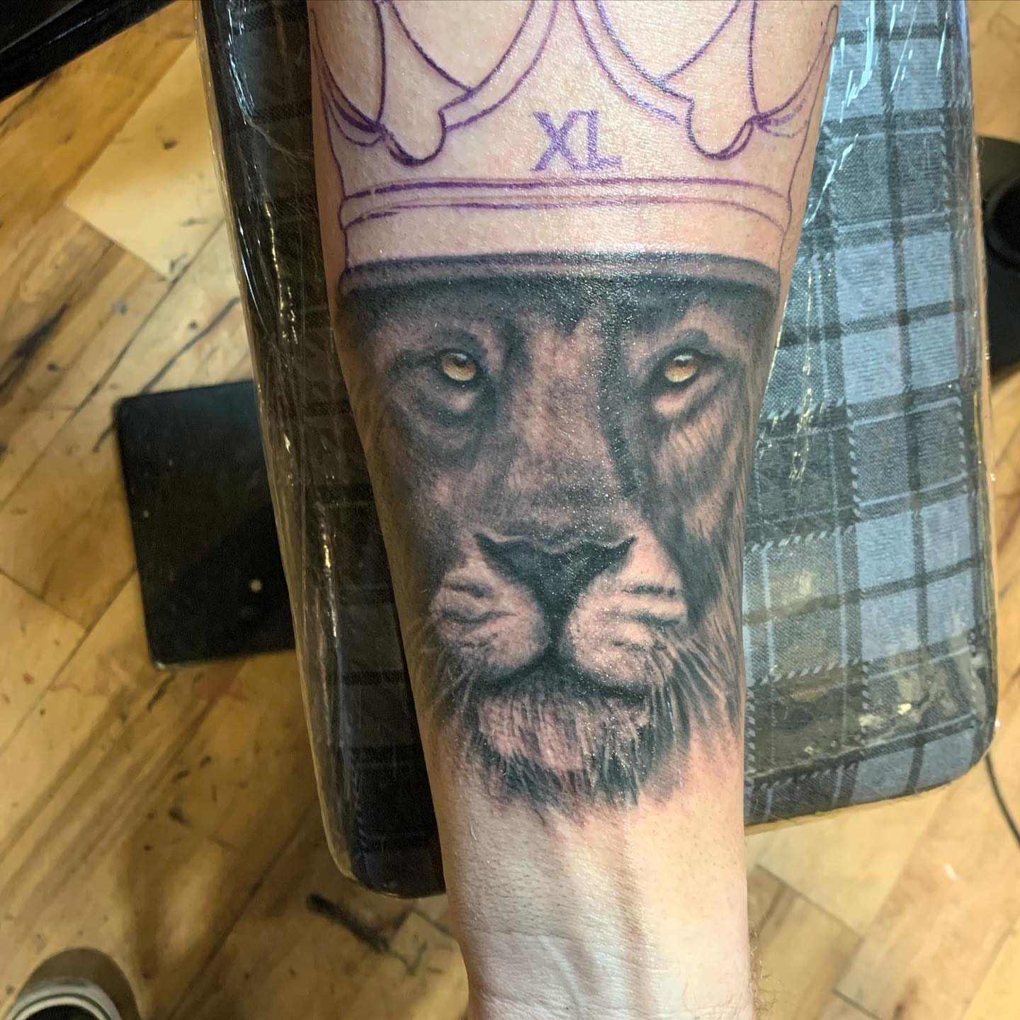 Lion realism tattoo on the forearm by Jeff Kees