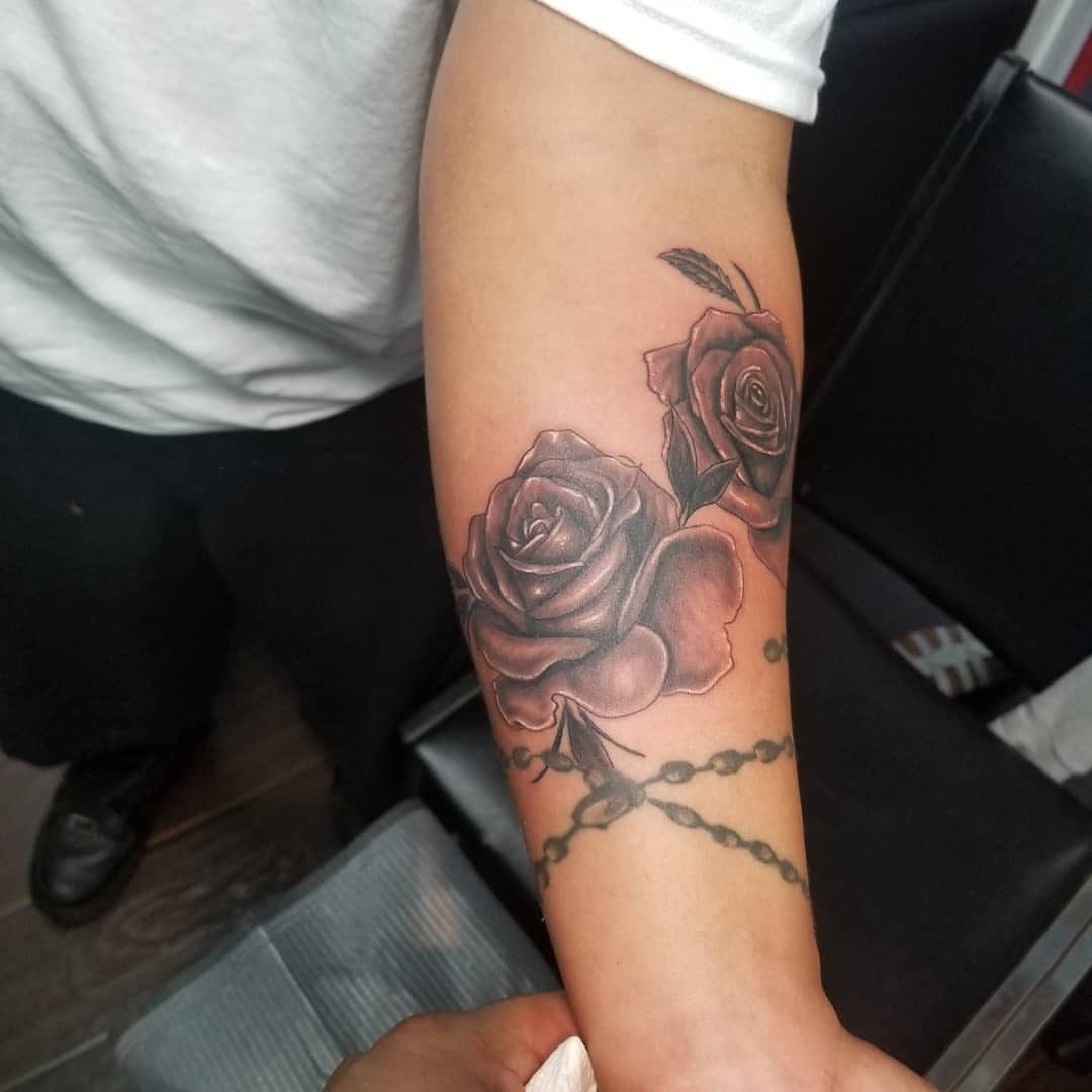 Roses realism tattoo on the forearm by Miguel-C, Houston, Texas