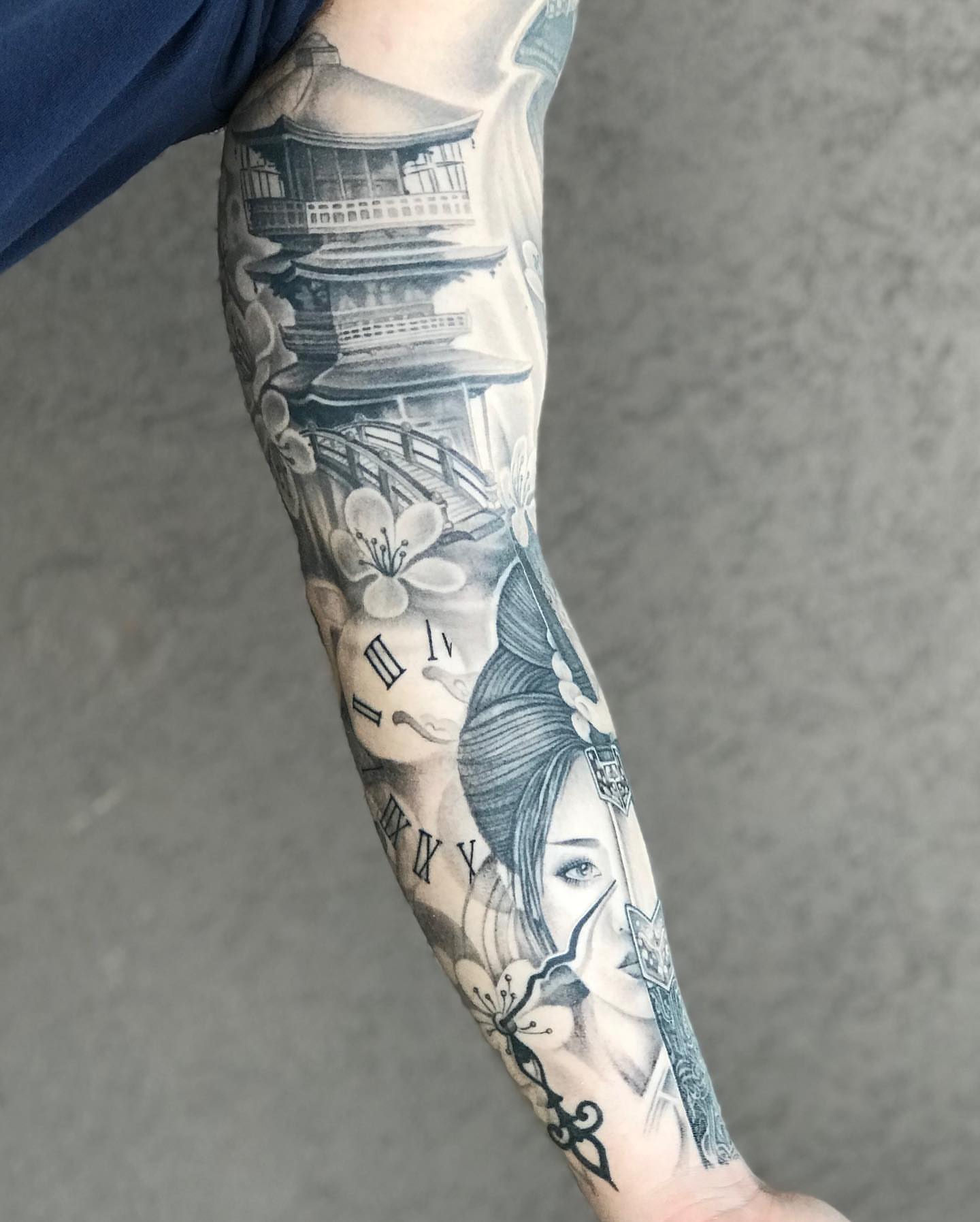 Geisha and pagoda japanese irezumi tattoo on the forearm by Jax Citriglia