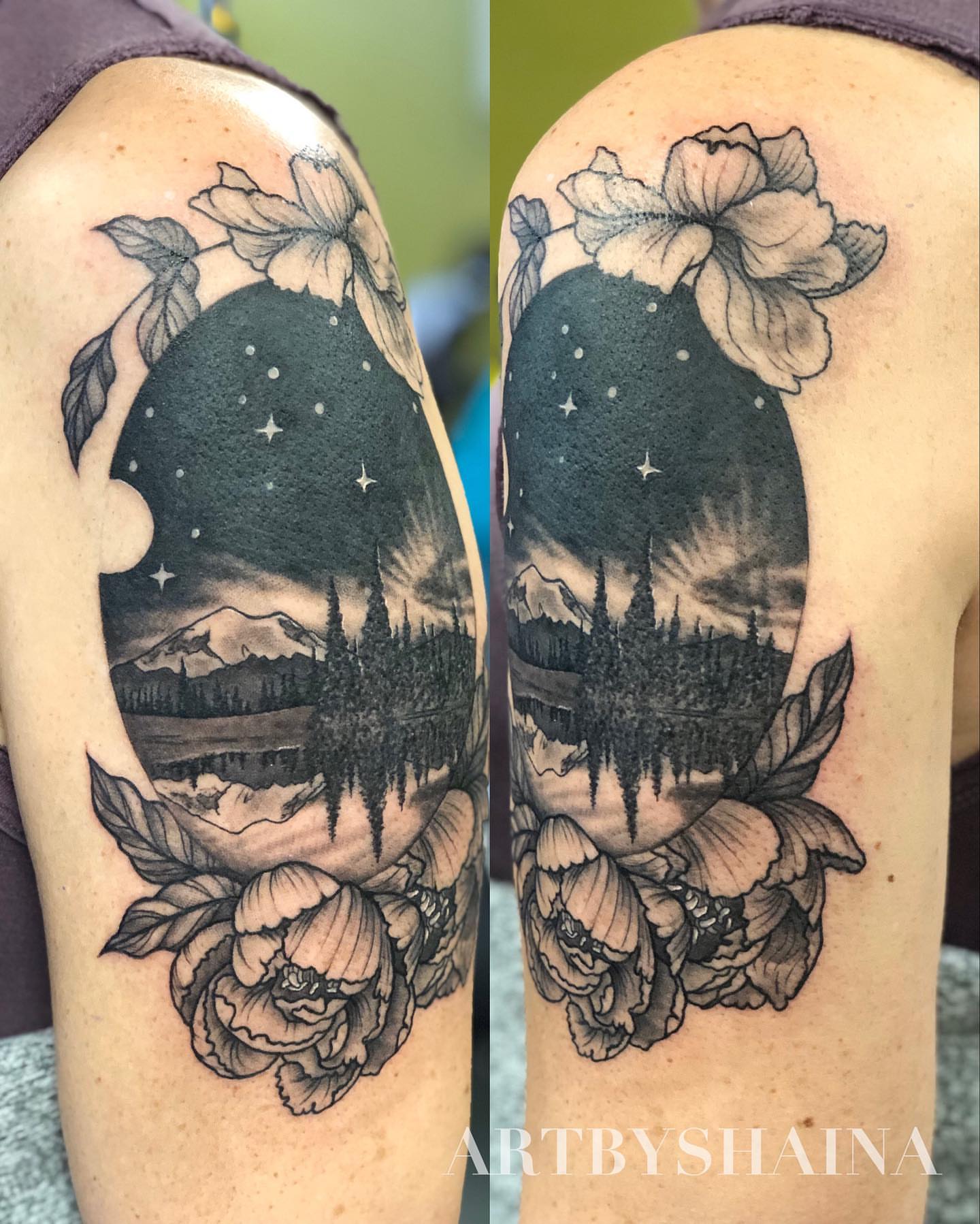 Landscape with cactus and flowers realism tattoo on the upper arm by ππ·π°πΈπ½π°