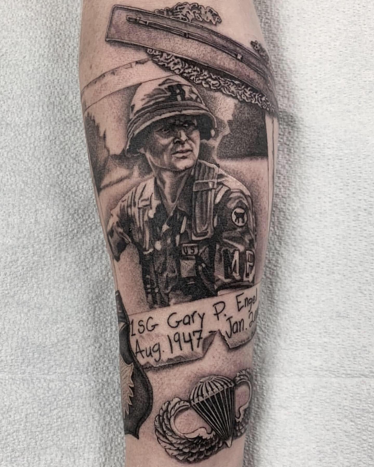 Military soldier portrait realism tattoo on the forearm by Adrian Dominguez, Las Vegas, Nevada