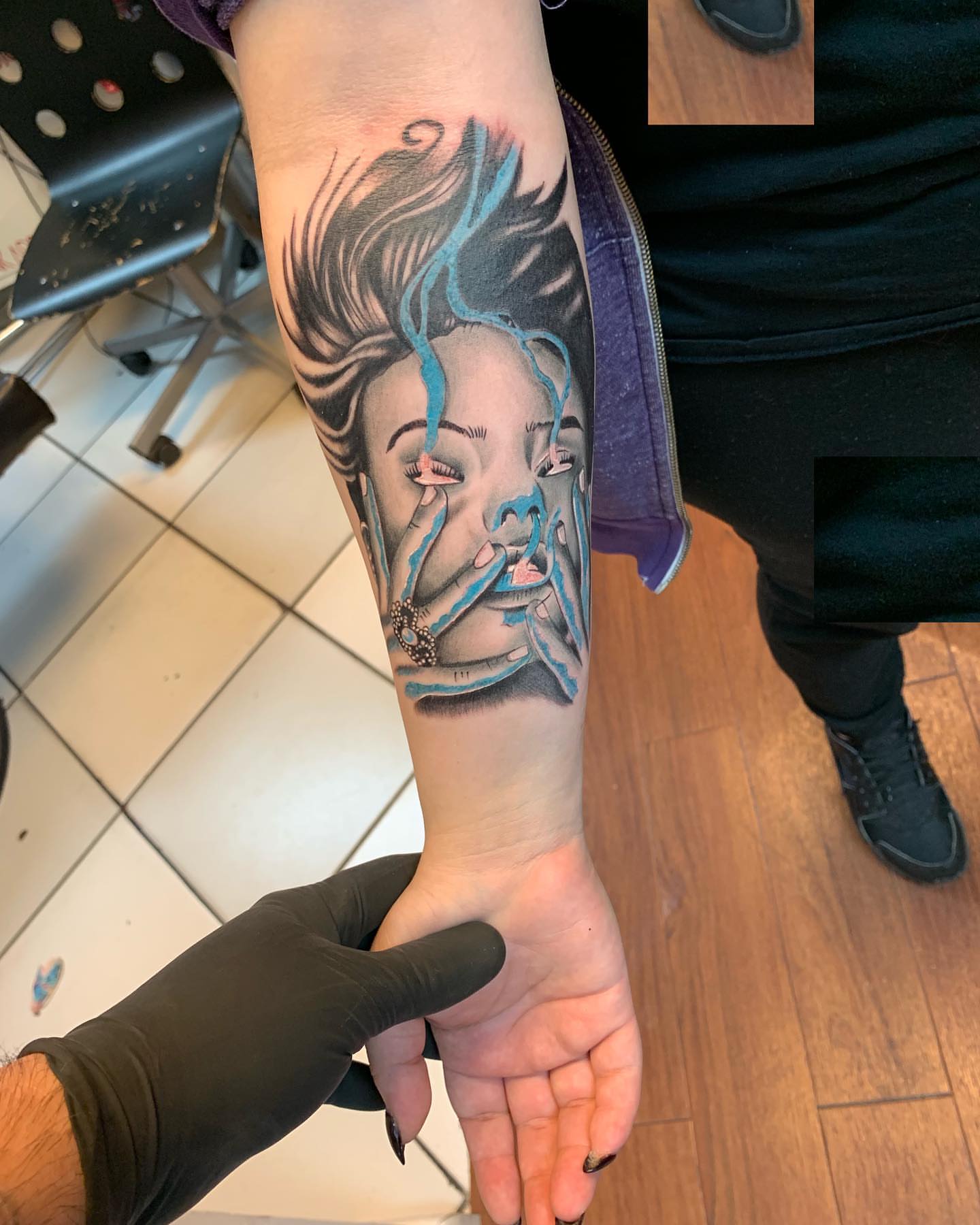 Smoking woman realism tattoo on the forearm by Tattoos By Mauze