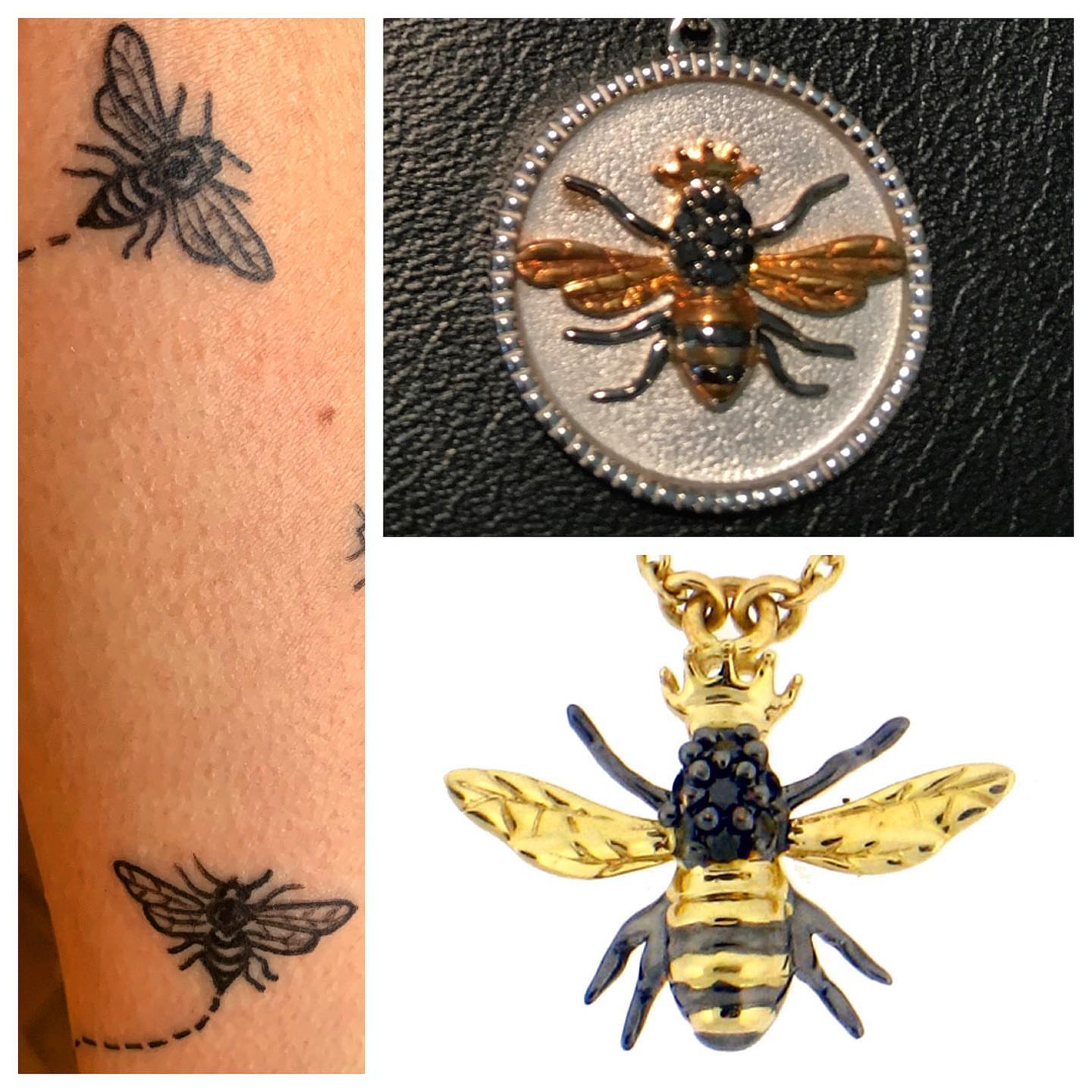 Bee black and grey tattoo on the forearm by Rhonda Faber Green